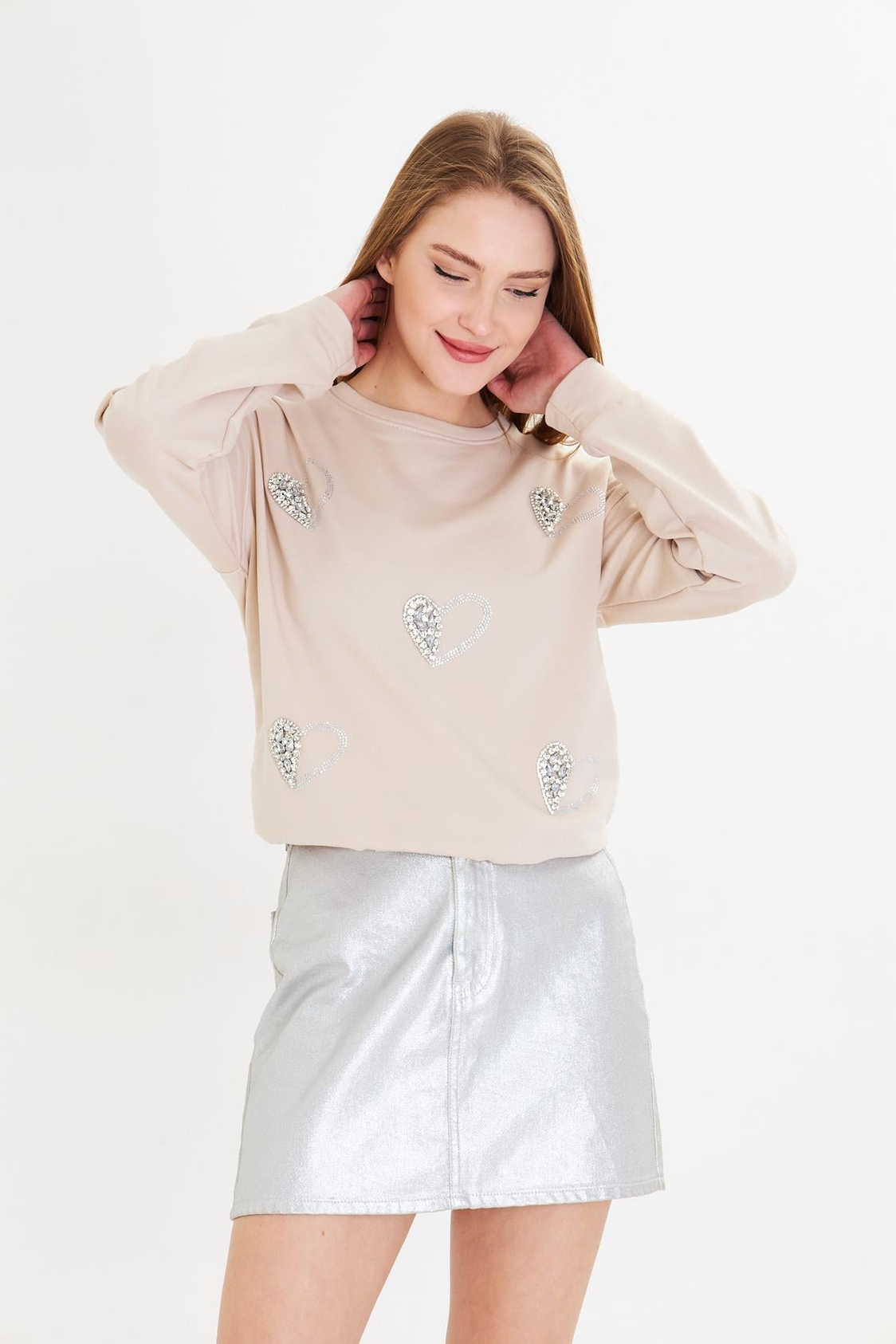 Kalpli Taş Baskılı Sweatshirt-Bej