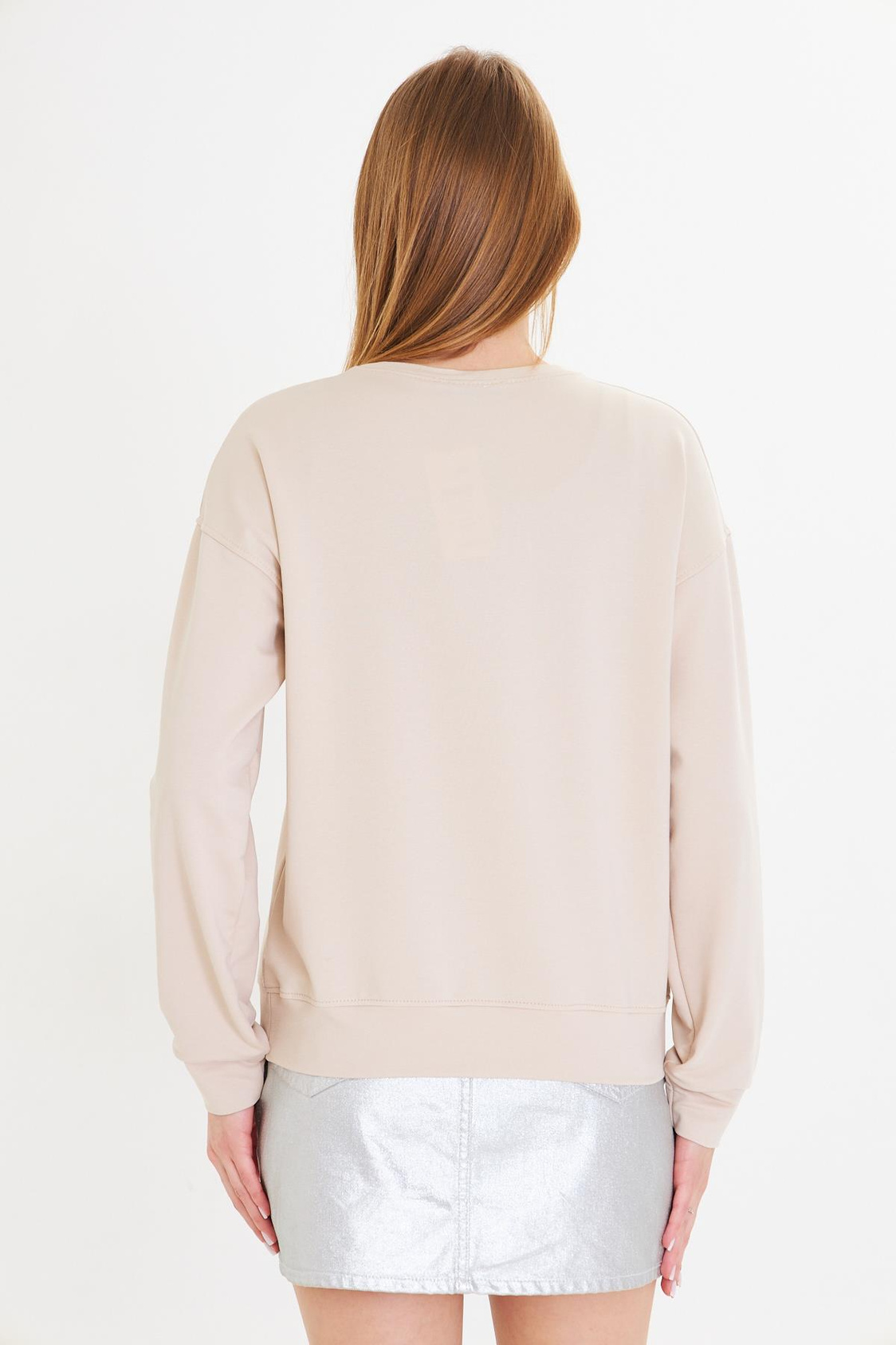 Kalpli Taş Baskılı Sweatshirt-Bej