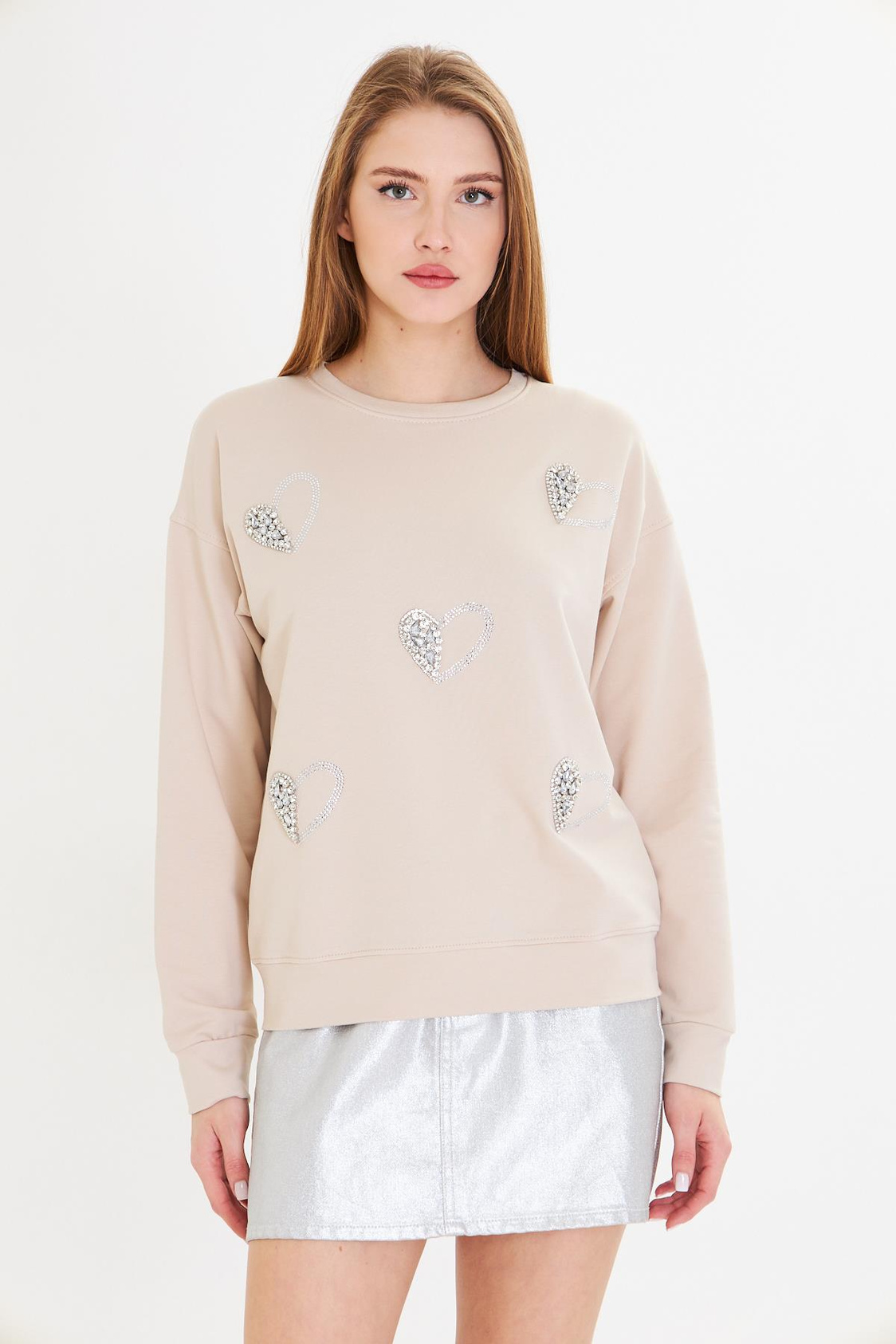 Kalpli Taş Baskılı Sweatshirt-Bej