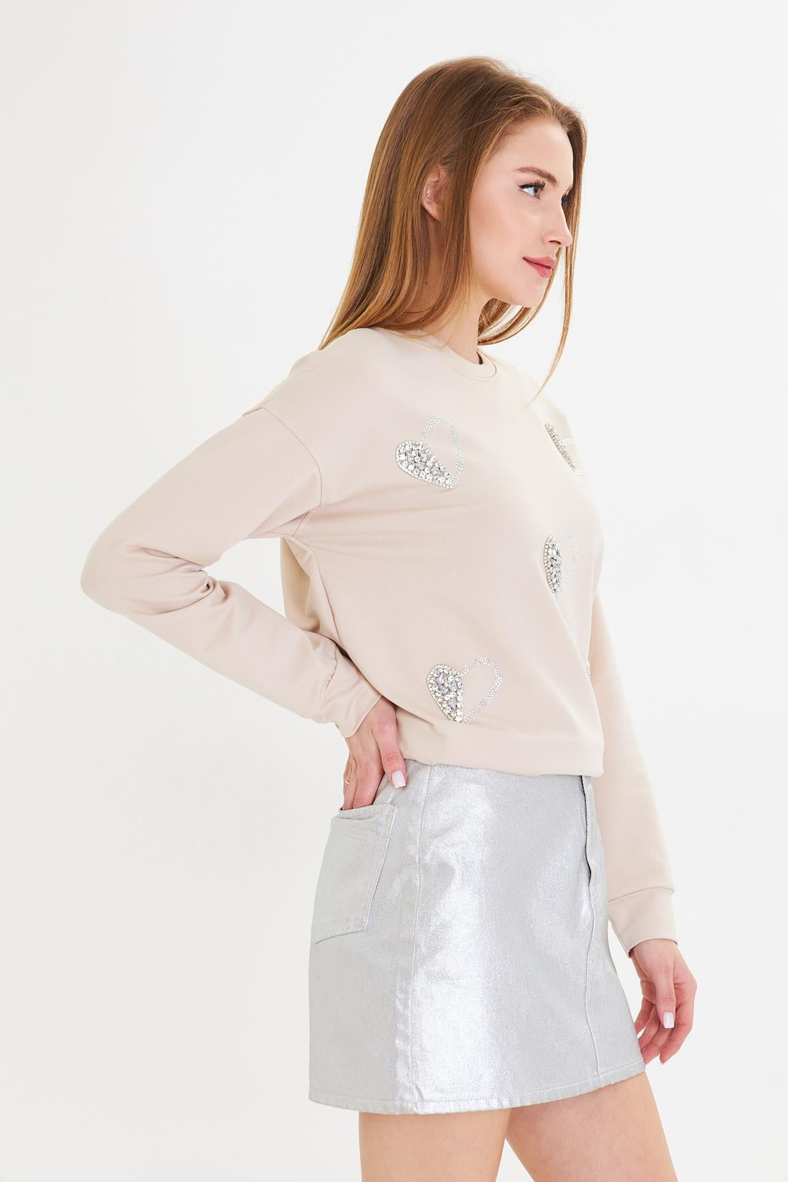 Kalpli Taş Baskılı Sweatshirt-Bej