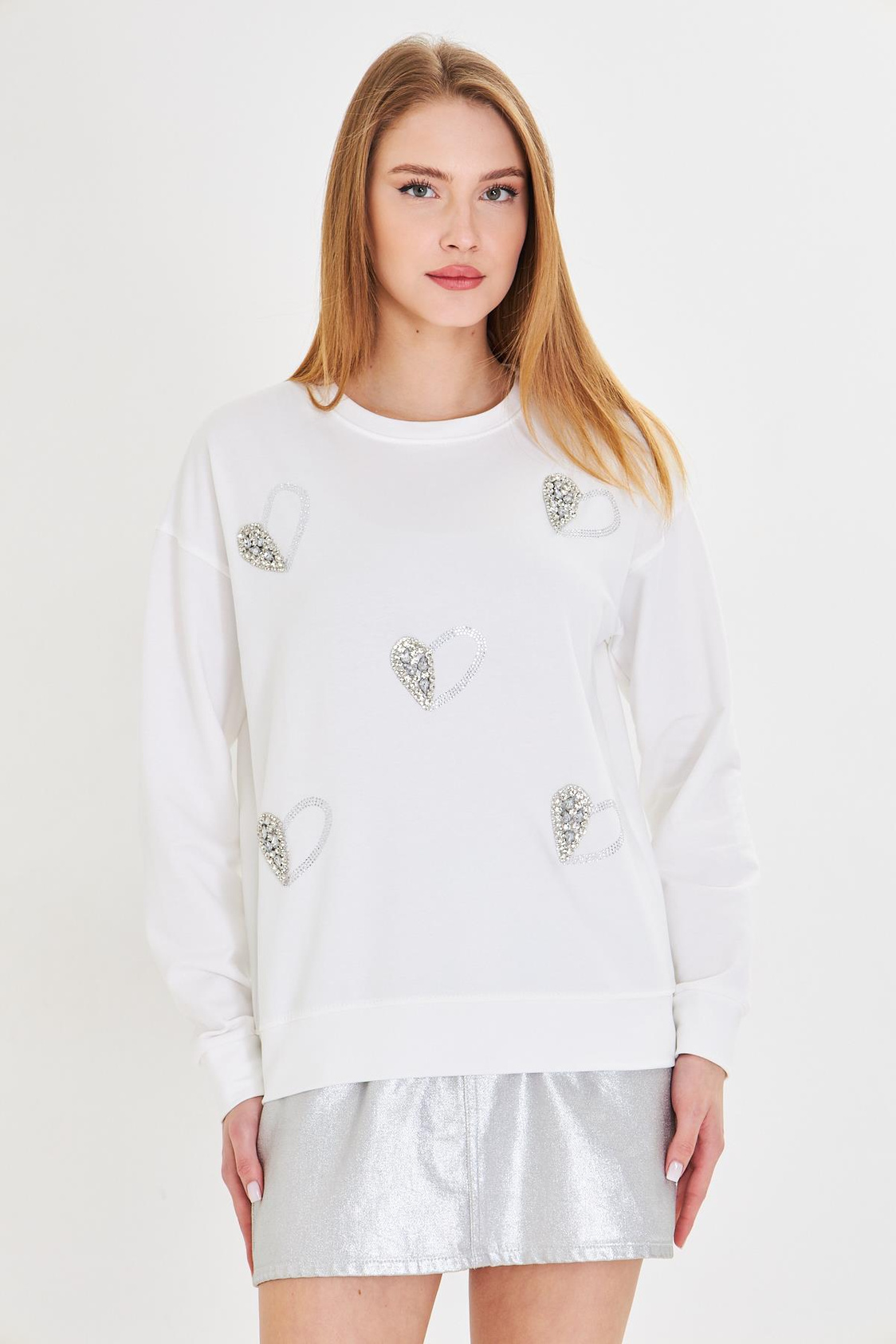 Kalpli Taş Baskılı Sweatshirt-Ekru