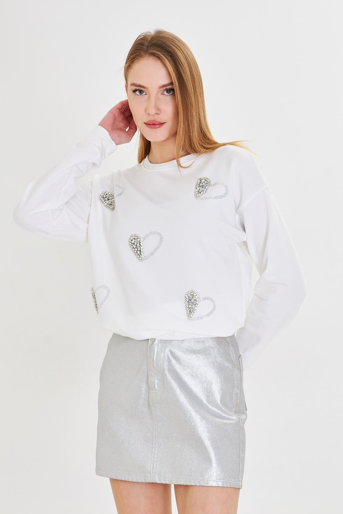 Kalpli Taş Baskılı Sweatshirt-Ekru