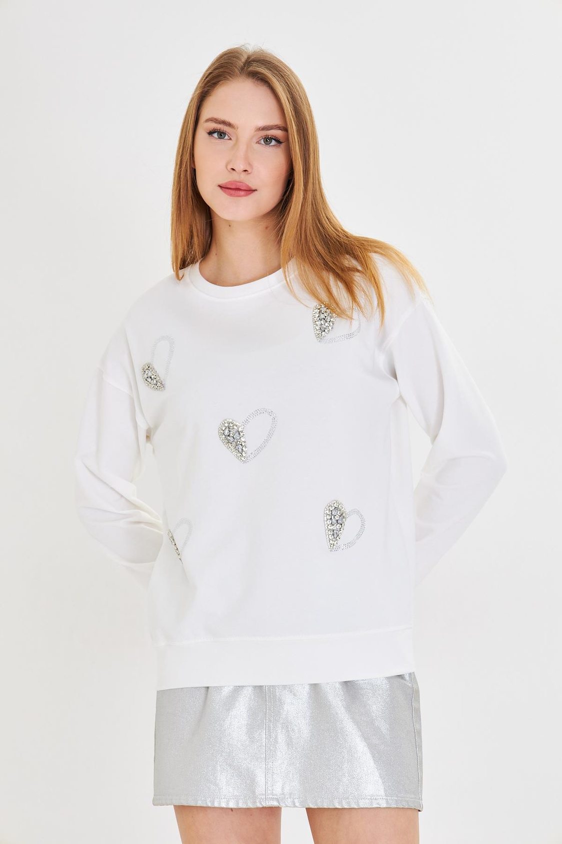Kalpli Taş Baskılı Sweatshirt-Ekru