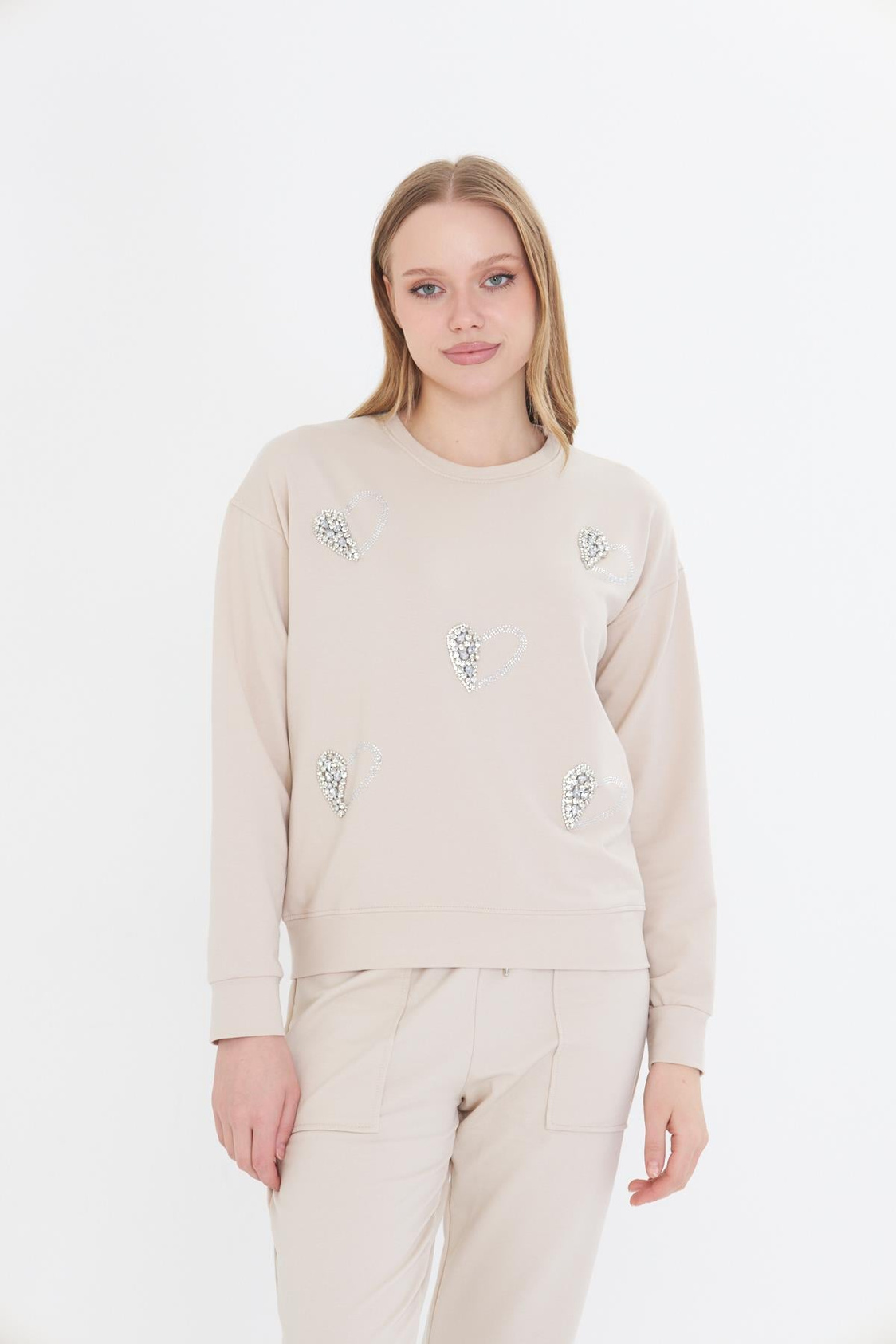 Kalpli Taş Baskılı Sweatshirt - Taş