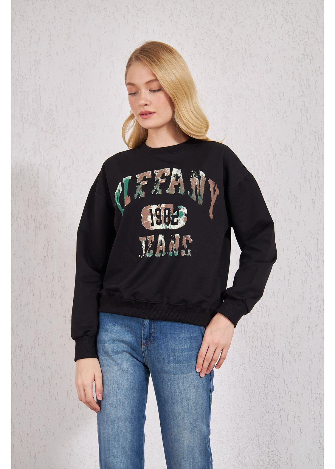 Kamuflaj Baskılı Basic Sweat-Siyah