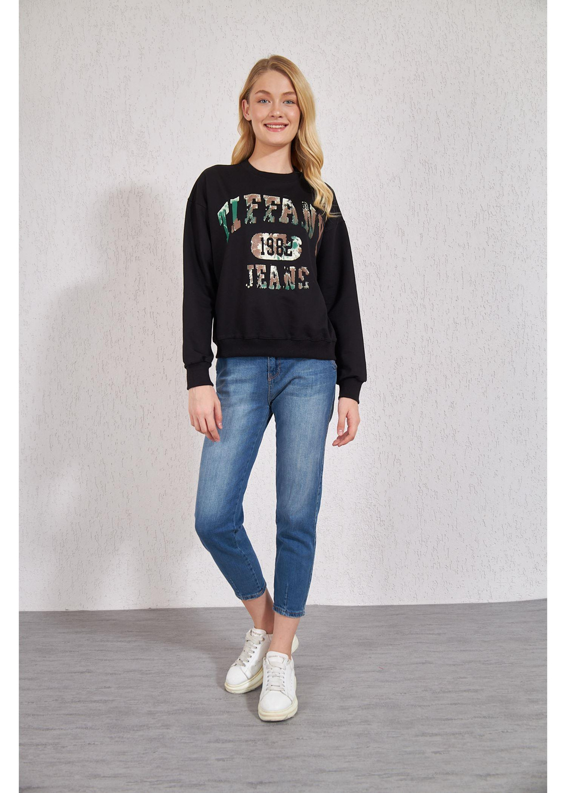 Kamuflaj Baskılı Basic Sweat-Siyah