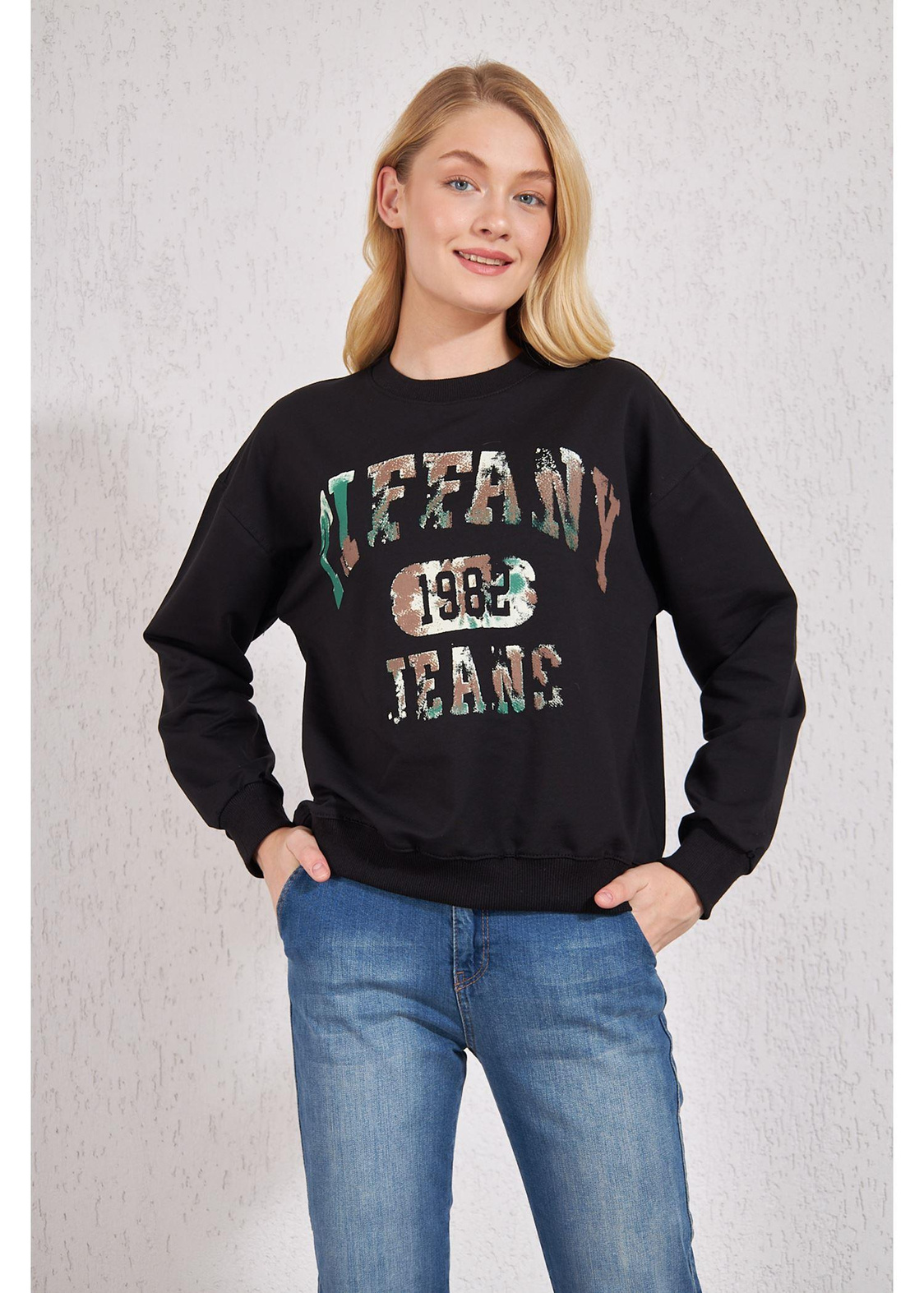 Kamuflaj Baskılı Basic Sweat-Siyah