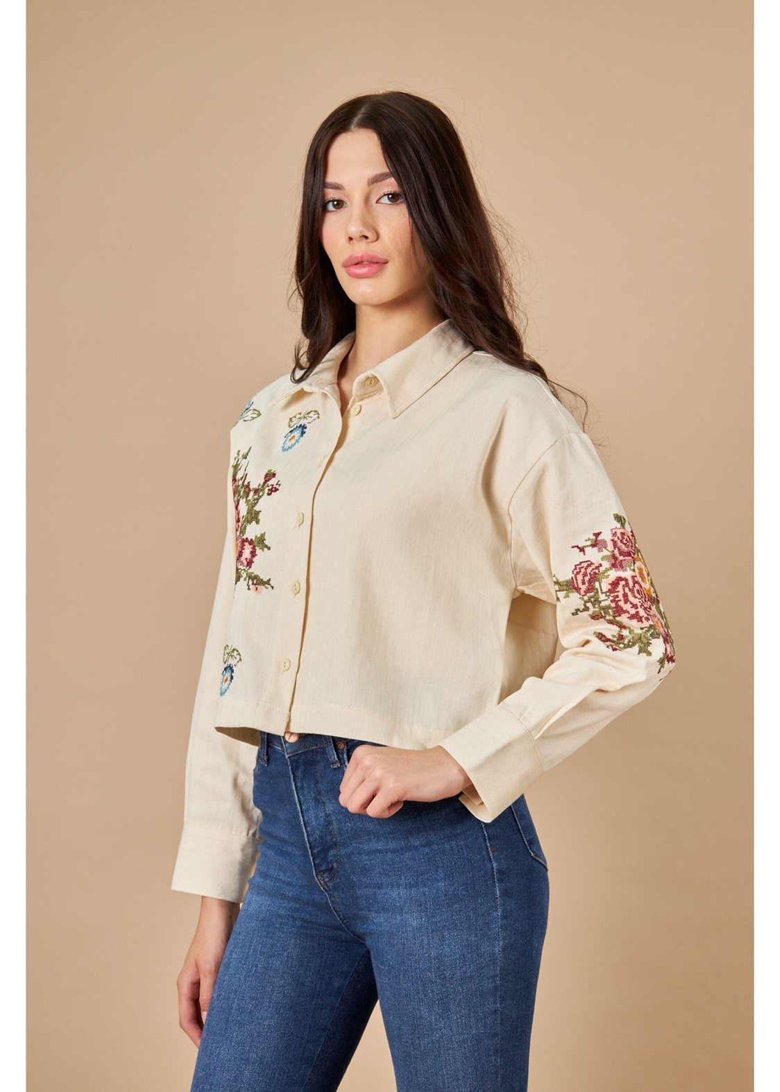 Kanaviçe Nakışlı Kısa Gabardin Gömlek-bej
