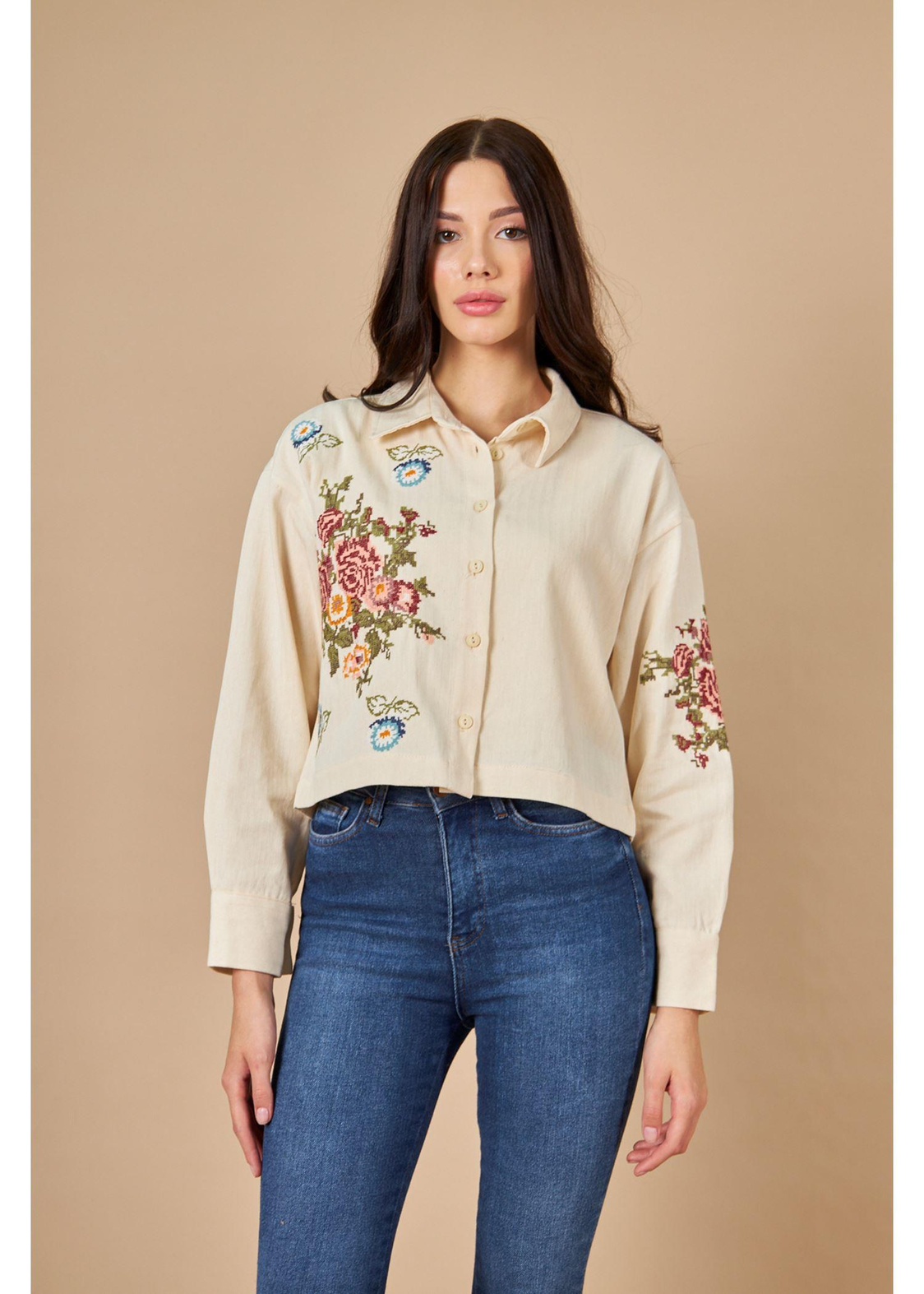Kanaviçe Nakışlı Kısa Gabardin Gömlek-bej