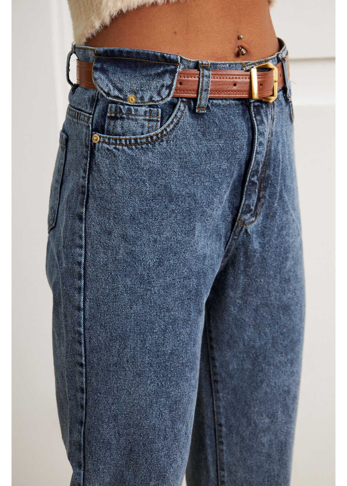 Kapaklı Mom Jean Pantolon-Mavi
