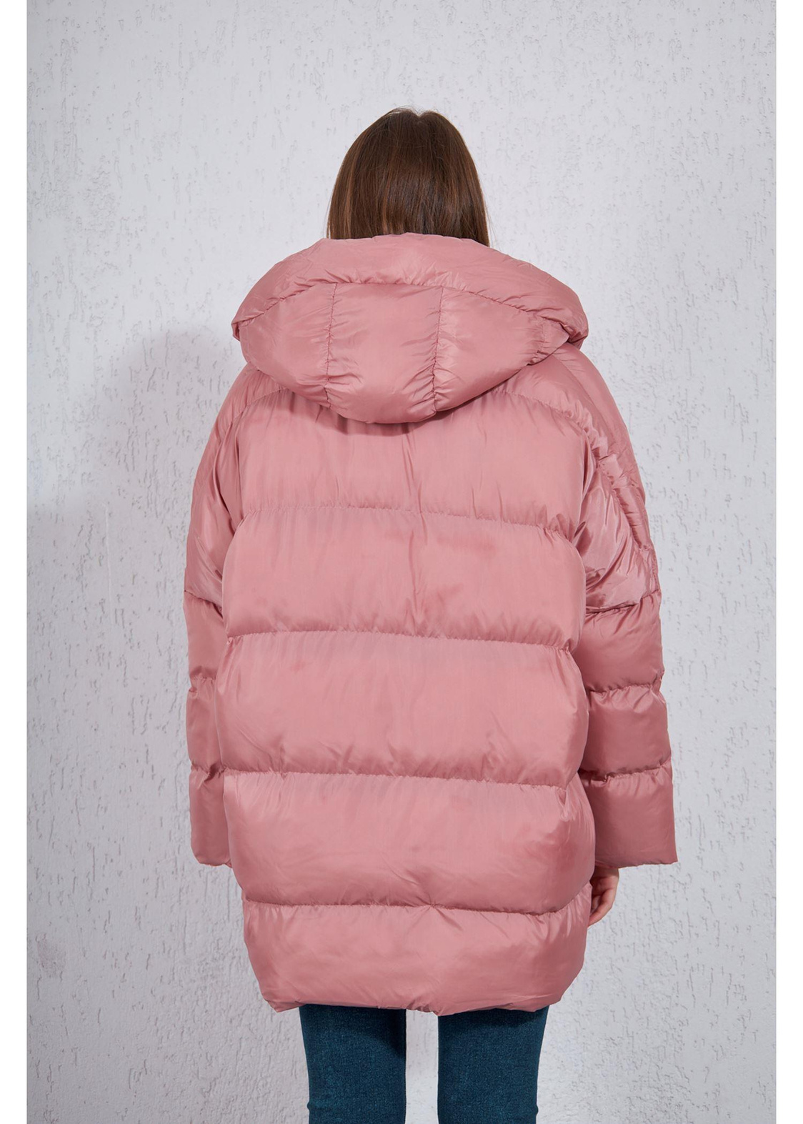 Kapitone Kumaş Kapüşonlu  Oversize Kısa Mont