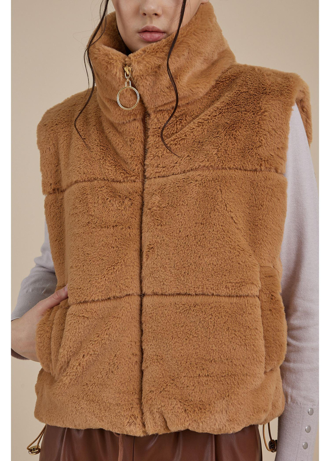 Kapitone Peluş Yelek-Camel