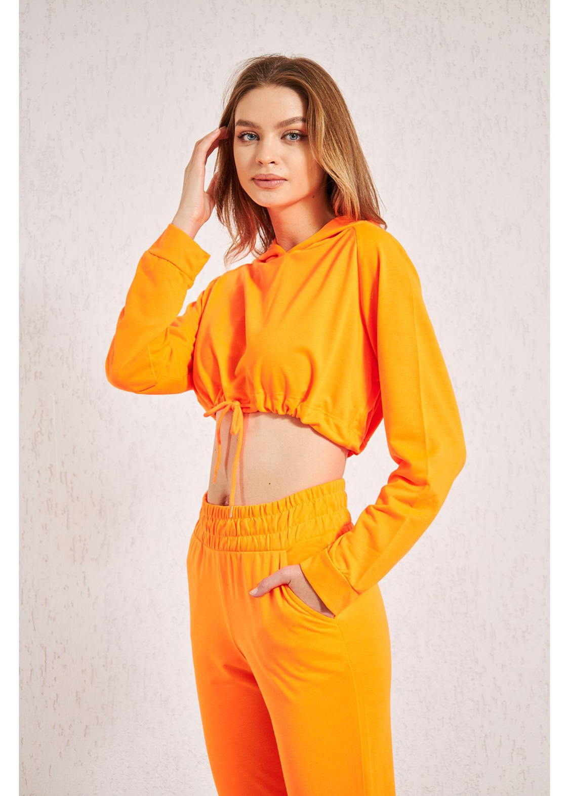 Kapşonlu Triko Sweat-Turuncu