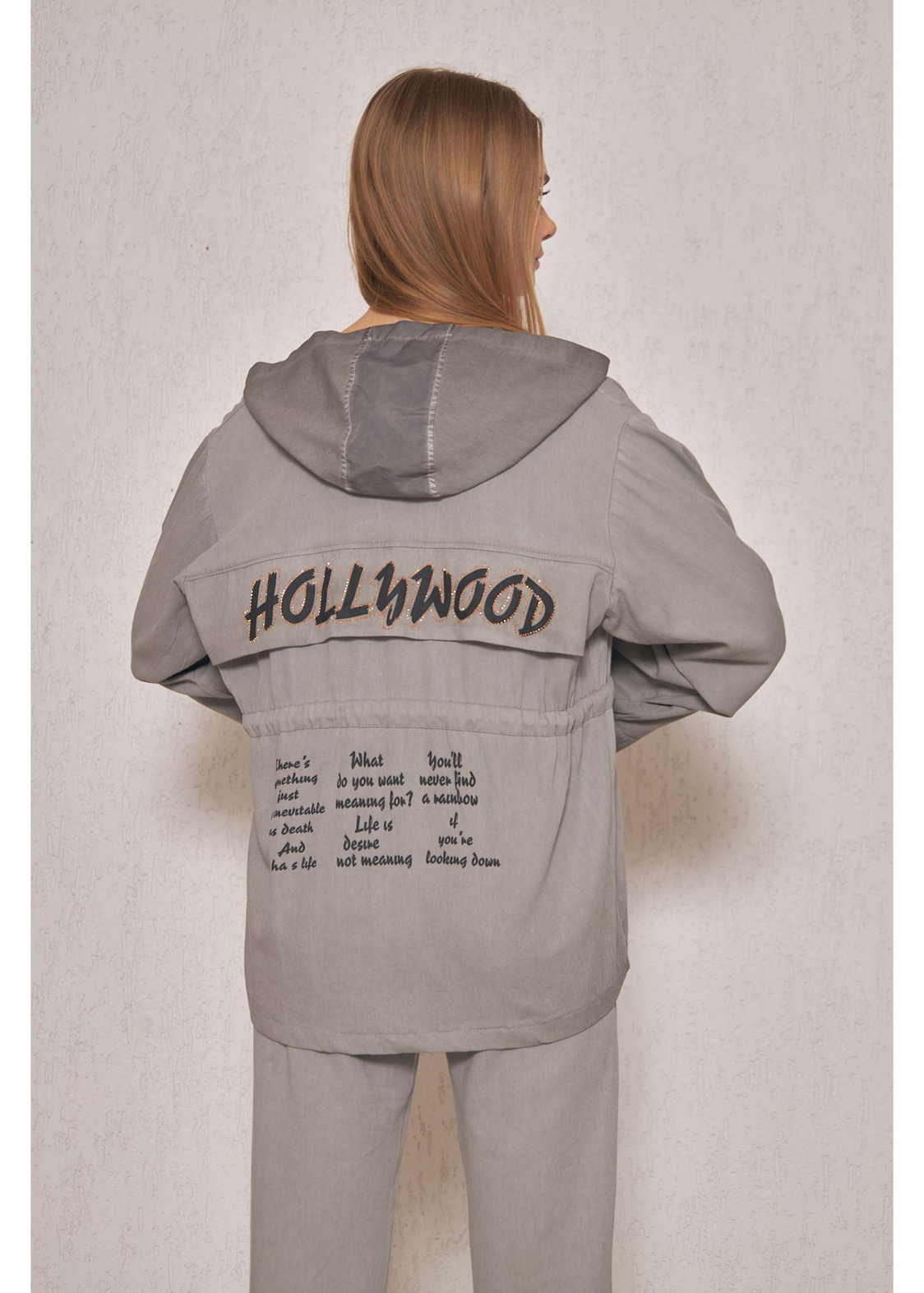 Kapüşonlu Beli İpli Hollywood Baskılı Ceket - Gri