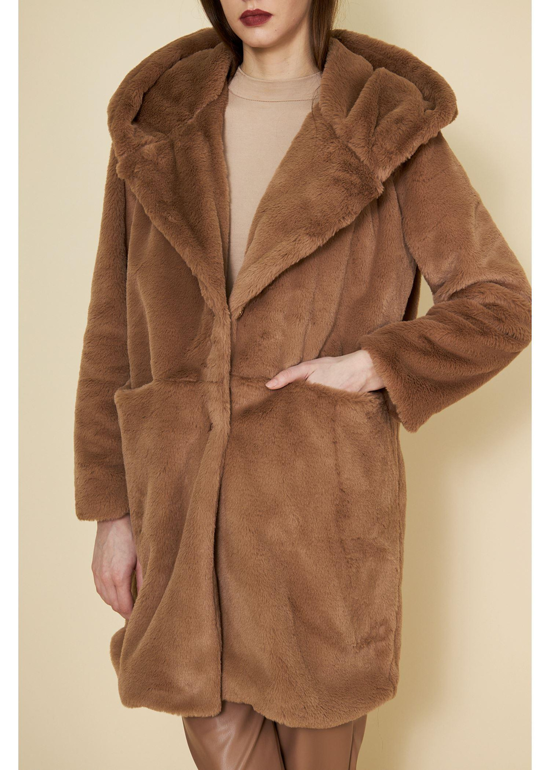 Kapüşonlu Cepli Peluş Kaban-Camel