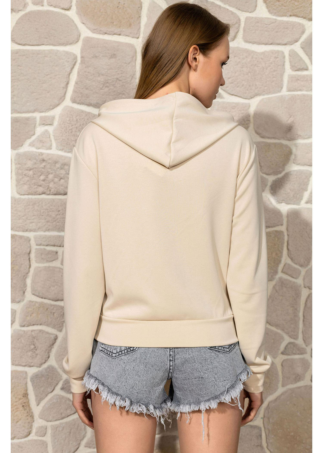 Kapüşonlu Fermuarlı Dalgıç Sweatshirt-Bej