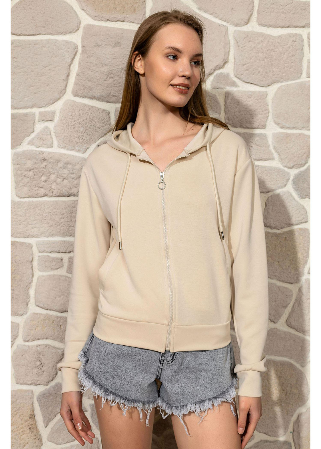 Kapüşonlu Fermuarlı Dalgıç Sweatshirt-Bej