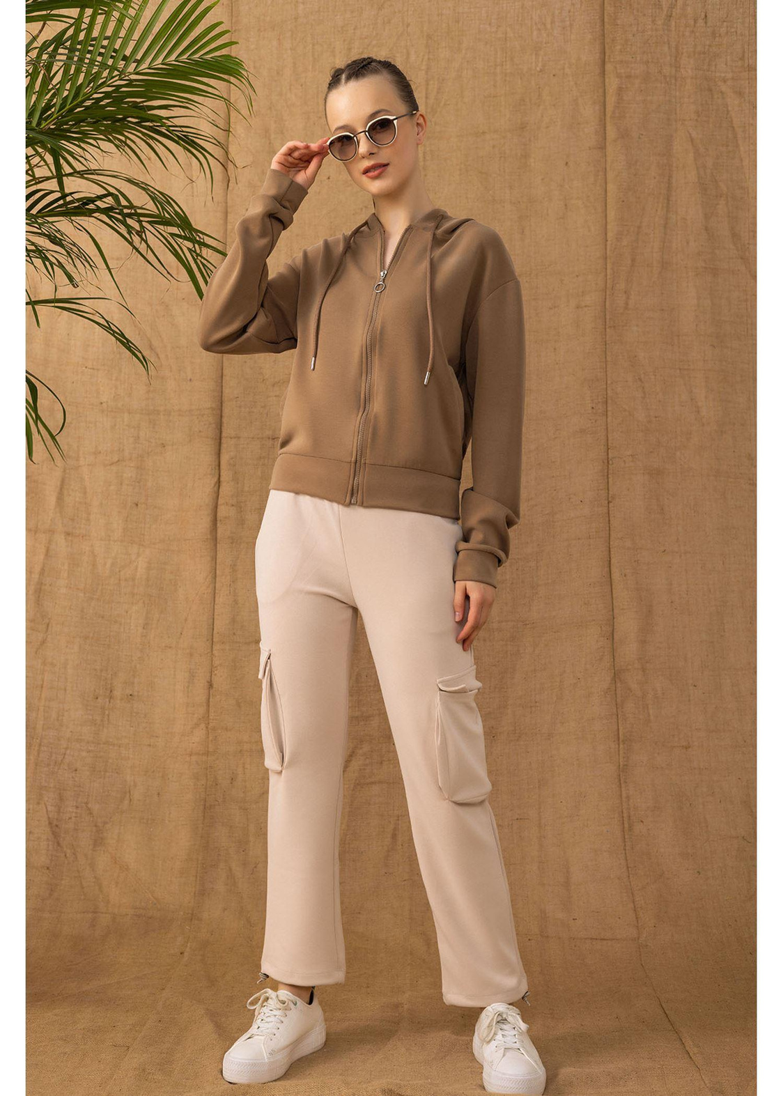 Kapüşonlu Fermuarlı Dalgıç Sweatshirt-Camel