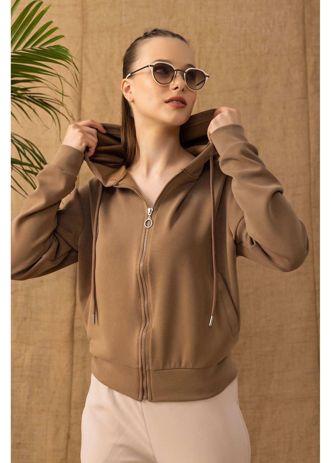 Kapüşonlu Fermuarlı Dalgıç Sweatshirt-Camel