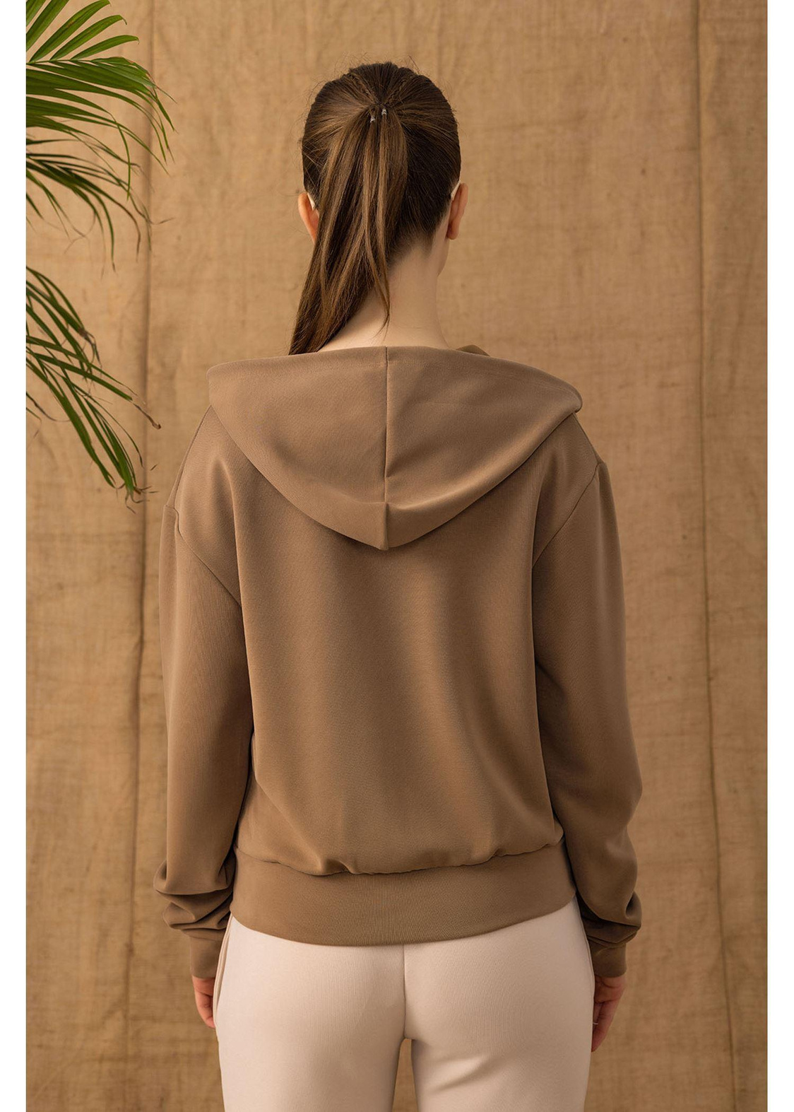 Kapüşonlu Fermuarlı Dalgıç Sweatshirt-Camel
