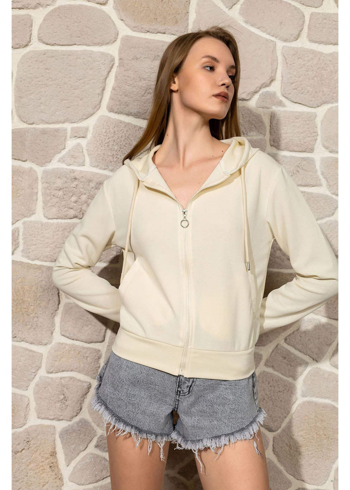 Kapüşonlu Fermuarlı Dalgıç Sweatshirt-Ekru