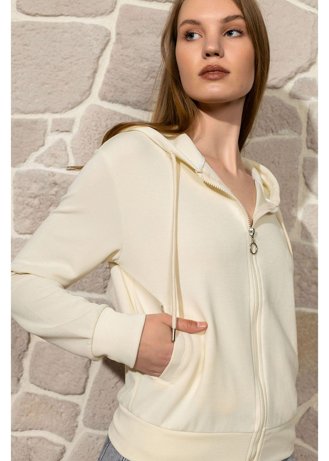 Kapüşonlu Fermuarlı Dalgıç Sweatshirt-Ekru