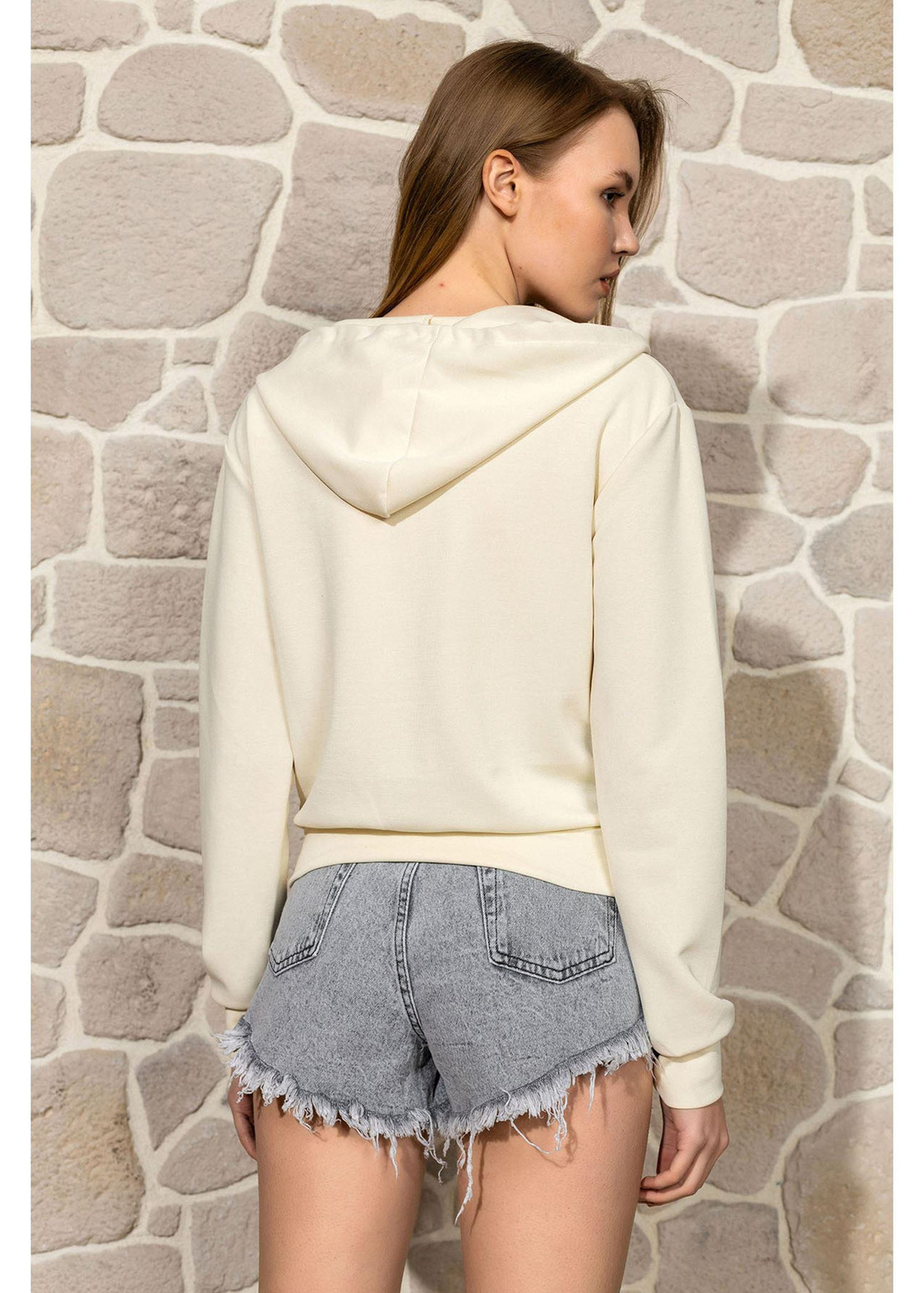 Kapüşonlu Fermuarlı Dalgıç Sweatshirt-Ekru