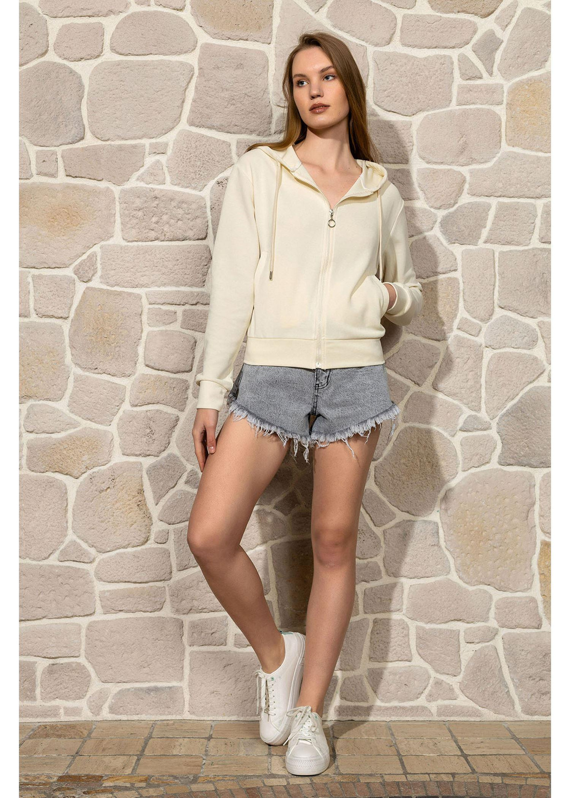 Kapüşonlu Fermuarlı Dalgıç Sweatshirt-Ekru