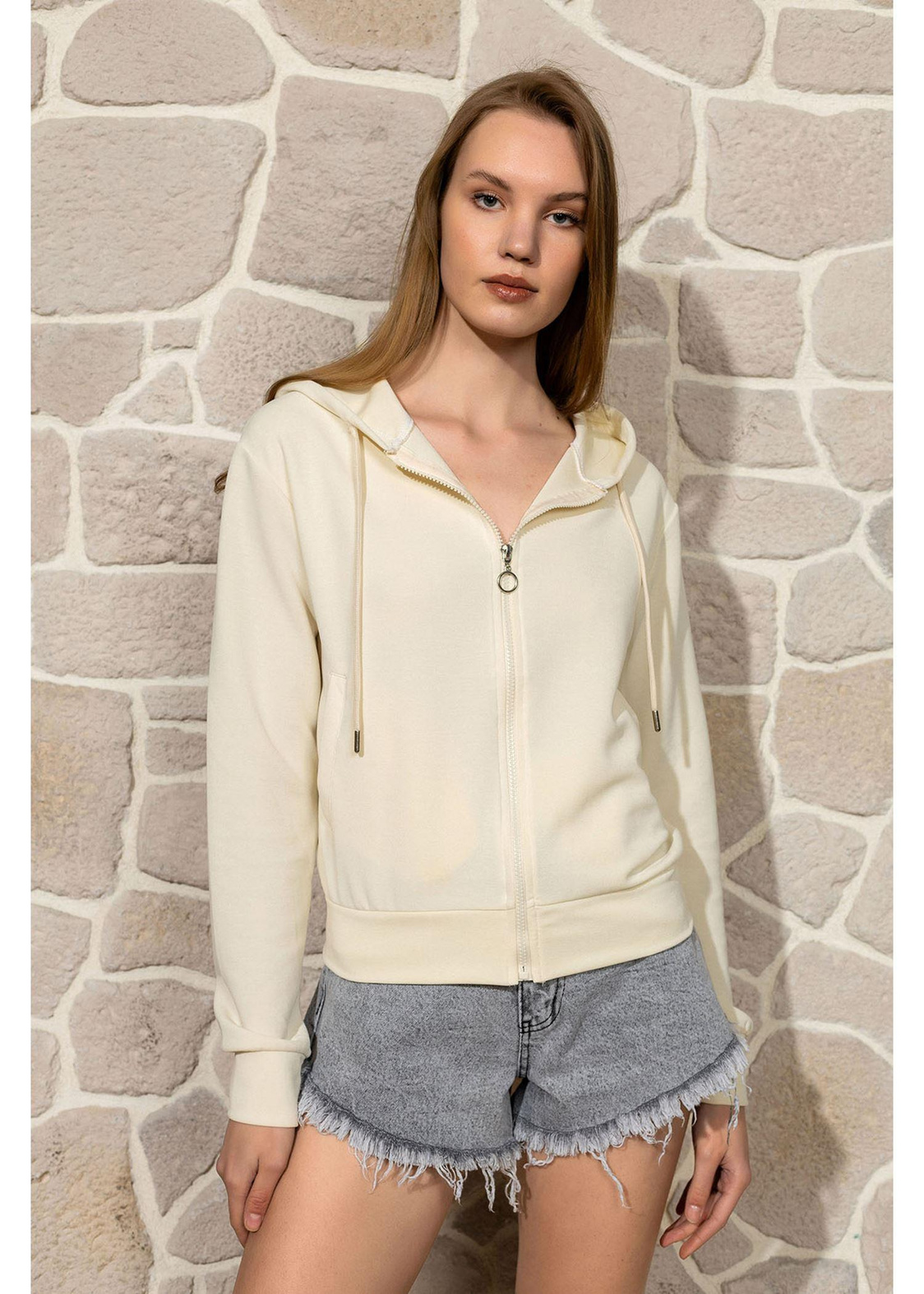 Kapüşonlu Fermuarlı Dalgıç Sweatshirt-Ekru