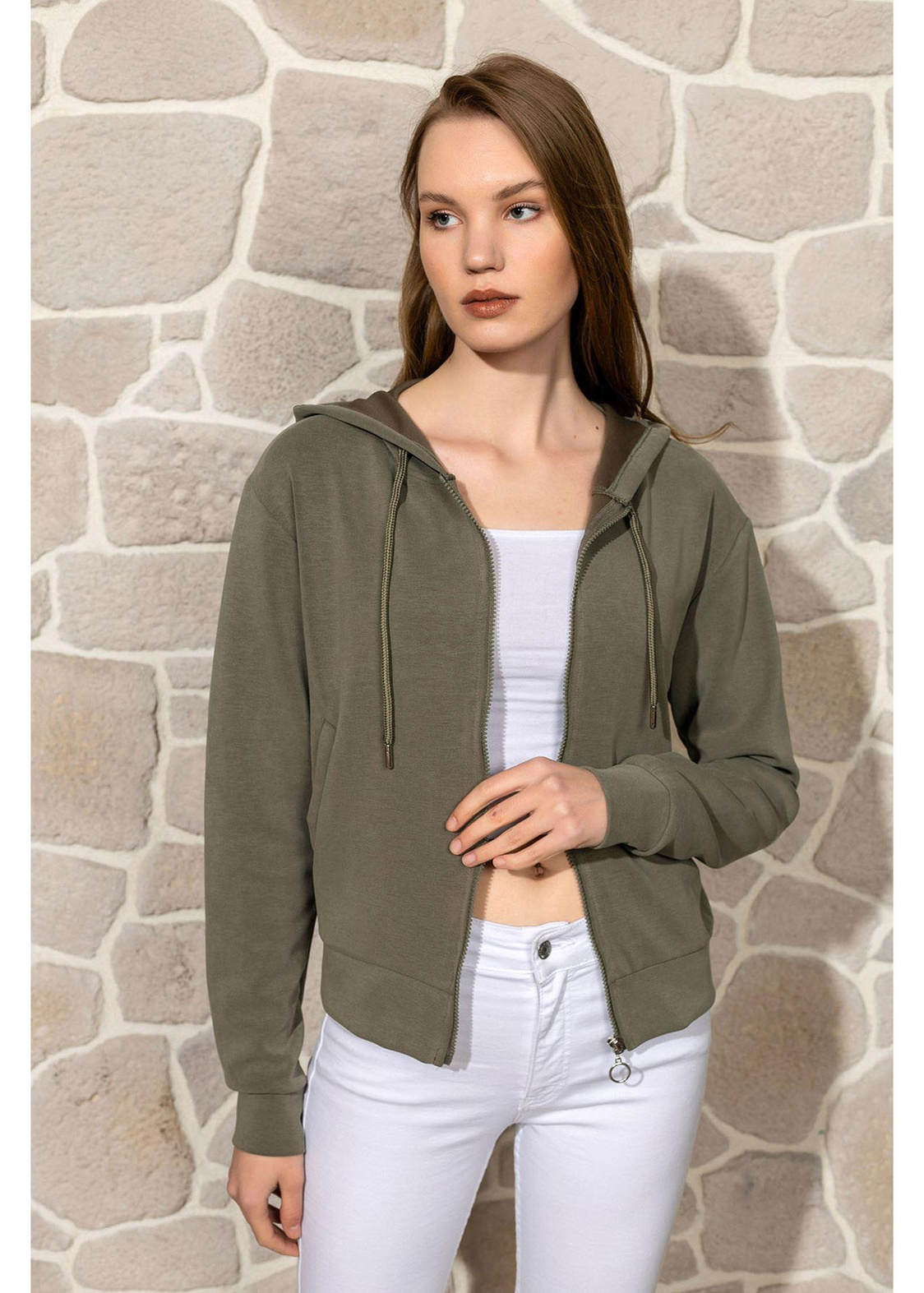 Kapüşonlu Fermuarlı Dalgıç Sweatshirt-Haki