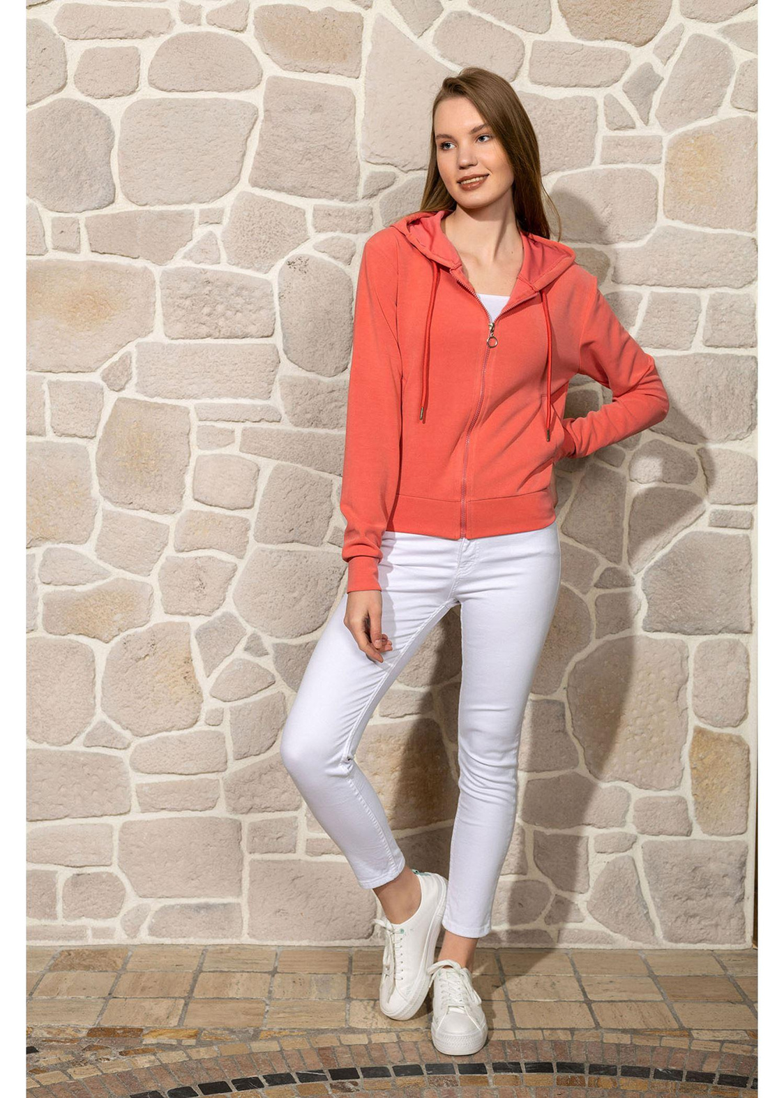 Kapüşonlu Fermuarlı Dalgıç Sweatshirt-Mercan