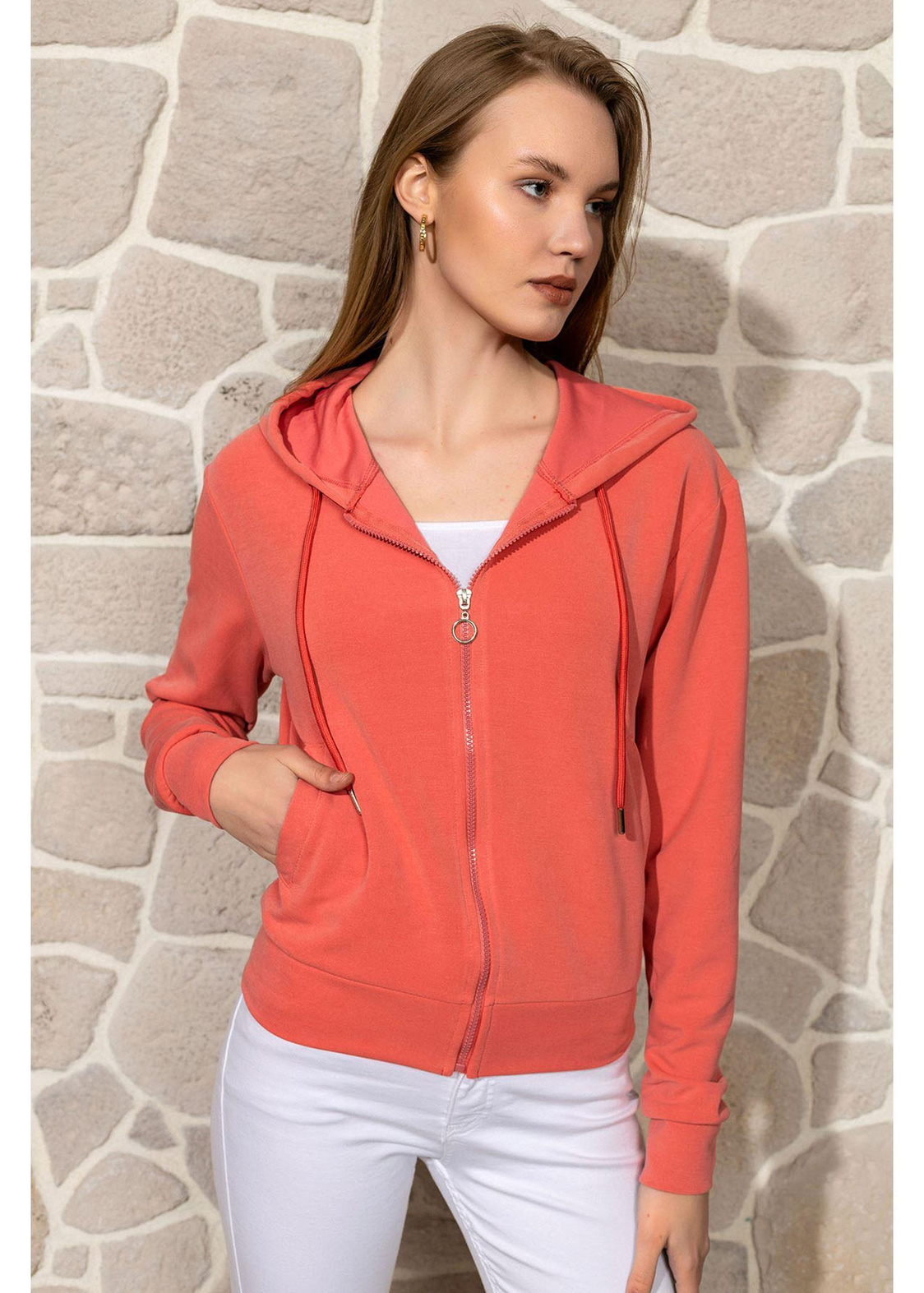 Kapüşonlu Fermuarlı Dalgıç Sweatshirt-Mercan