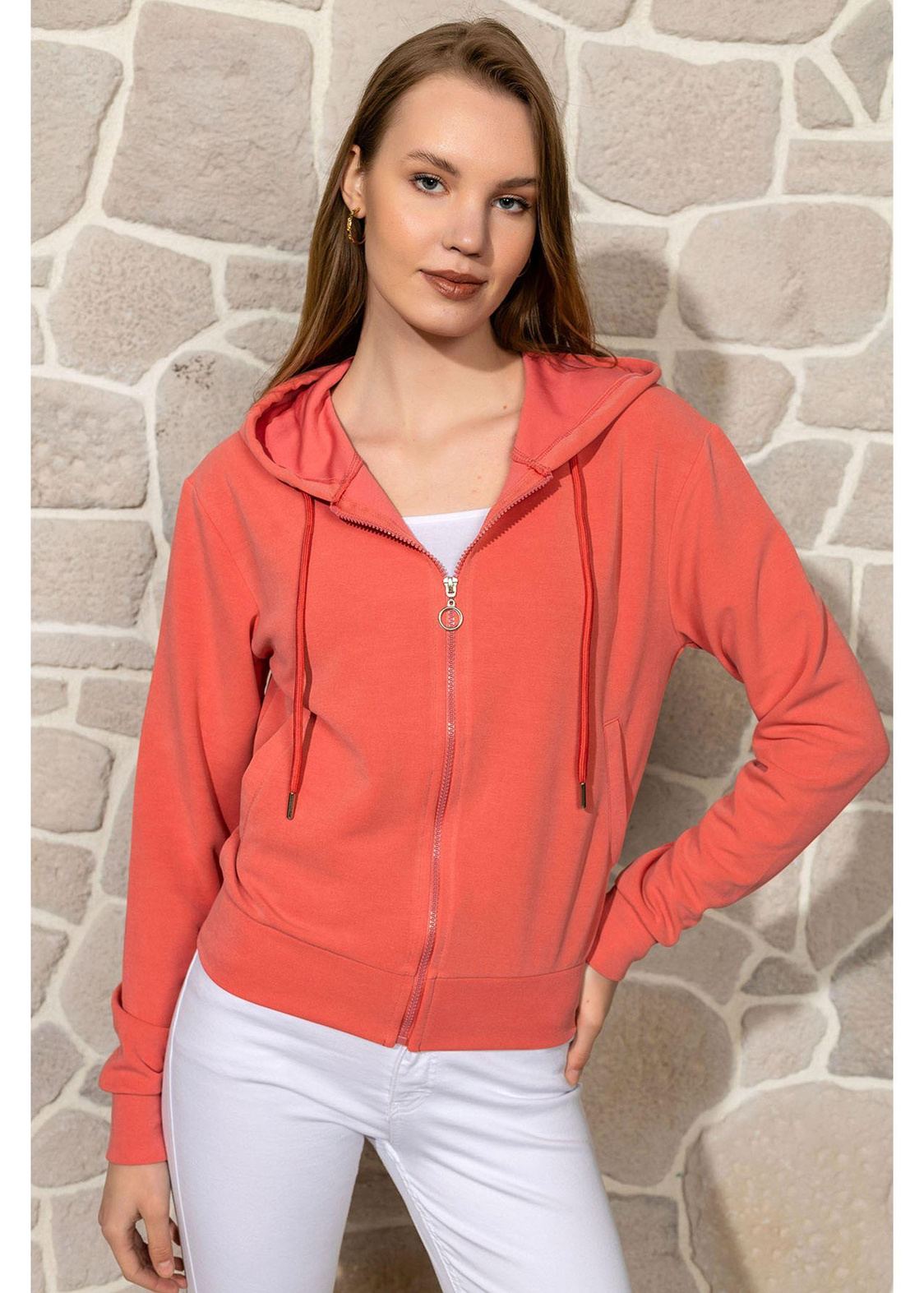 Kapüşonlu Fermuarlı Dalgıç Sweatshirt-Mercan
