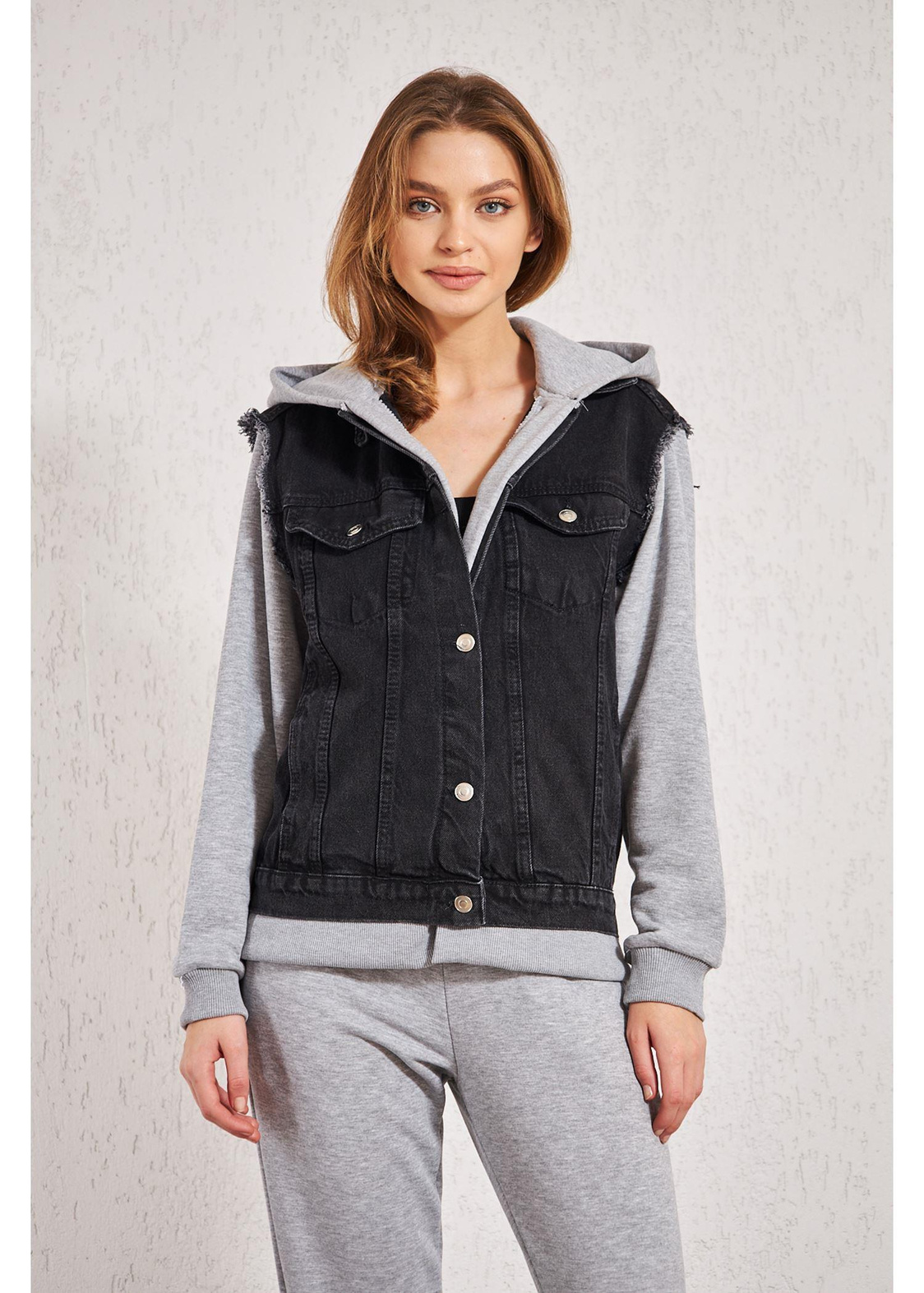 Kapüşonlu Jean Sweat-Gri
