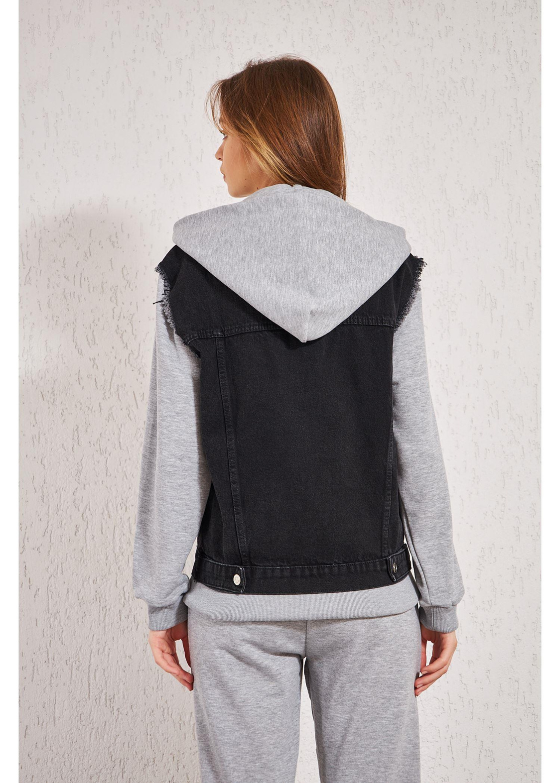 Kapüşonlu Jean Sweat-Gri