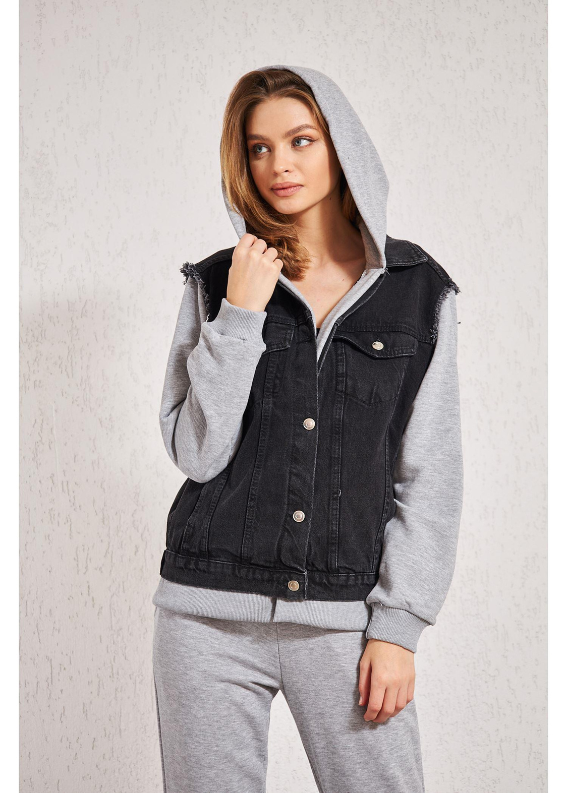 Kapüşonlu Jean Sweat-Gri