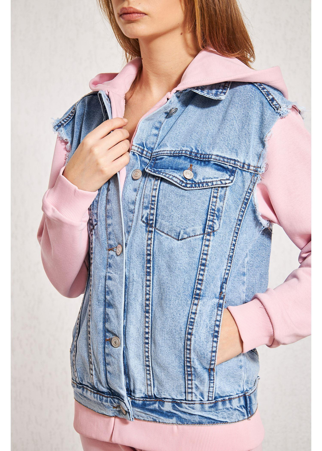 Kapüşonlu Jean Sweat-Pembe