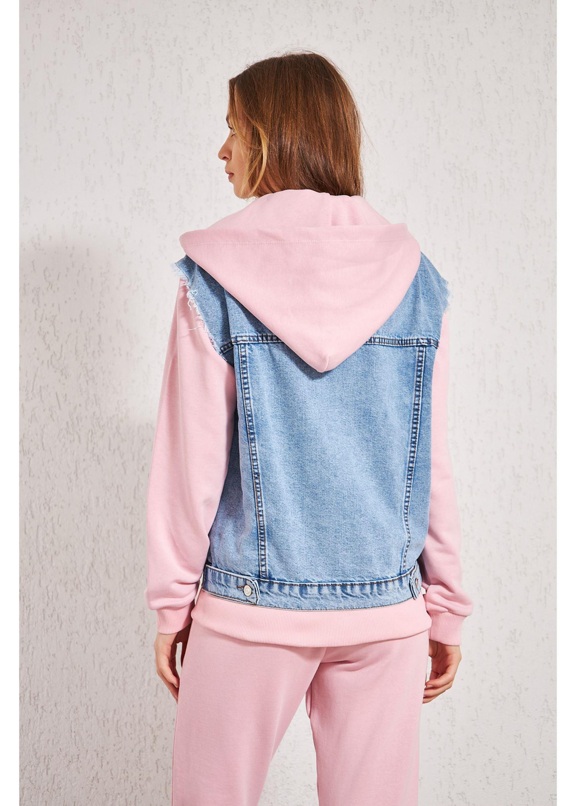 Kapüşonlu Jean Sweat-Pembe