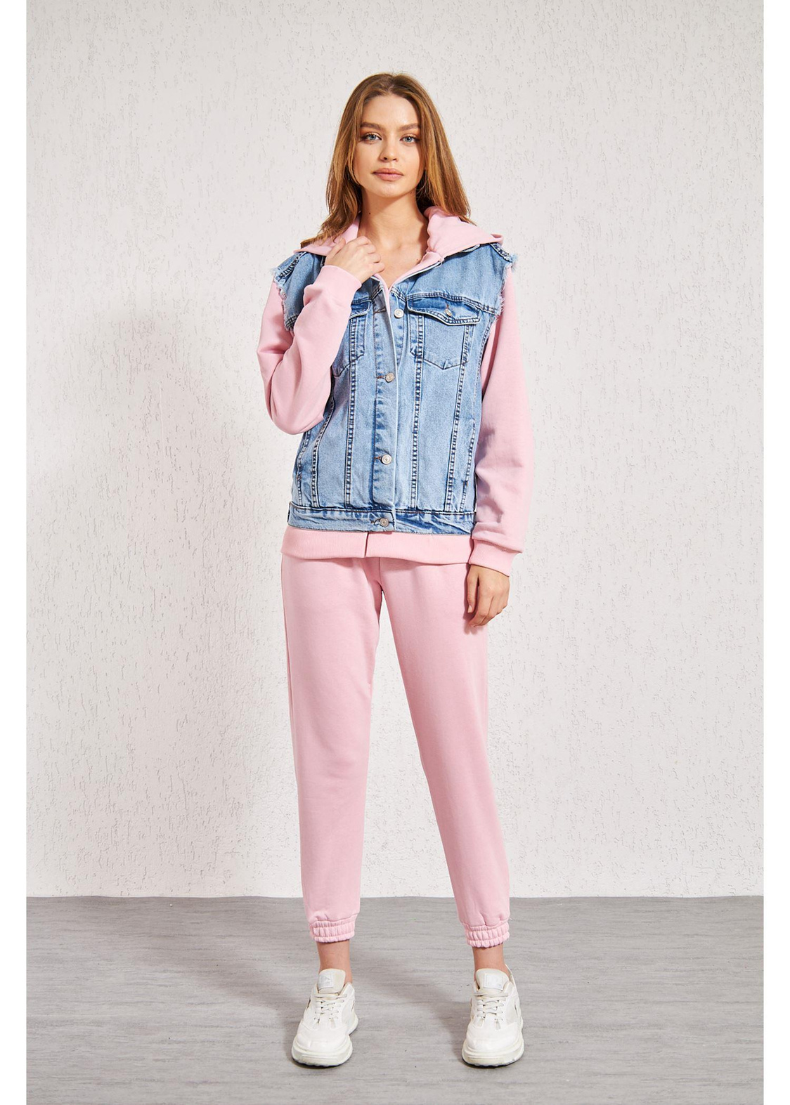 Kapüşonlu Jean Sweat-Pembe