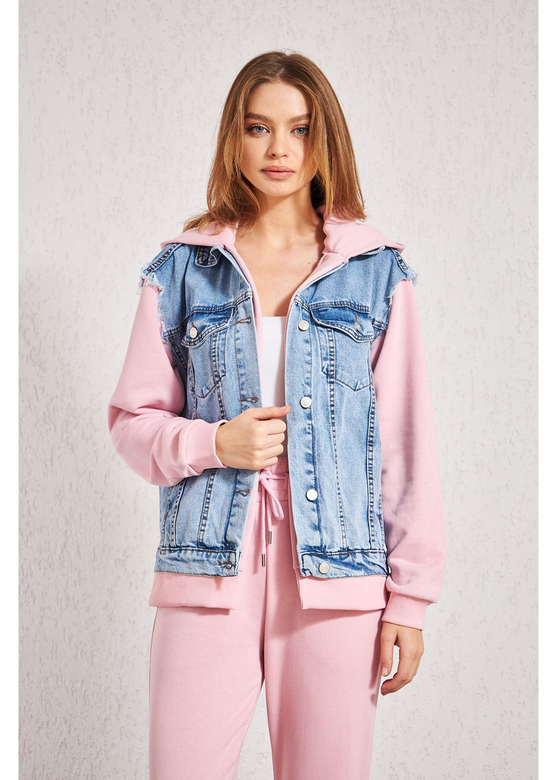 Kapüşonlu Jean Sweat-Pembe