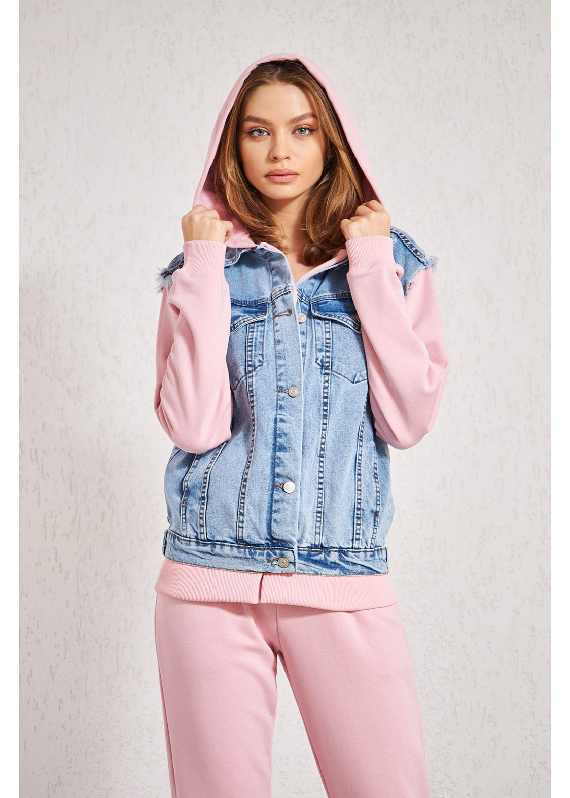 Kapüşonlu Jean Sweat-Pembe