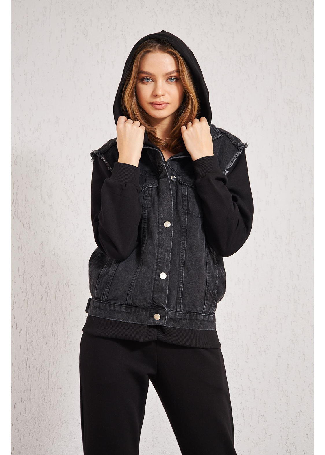 Kapüşonlu Jean Sweat-Siyah