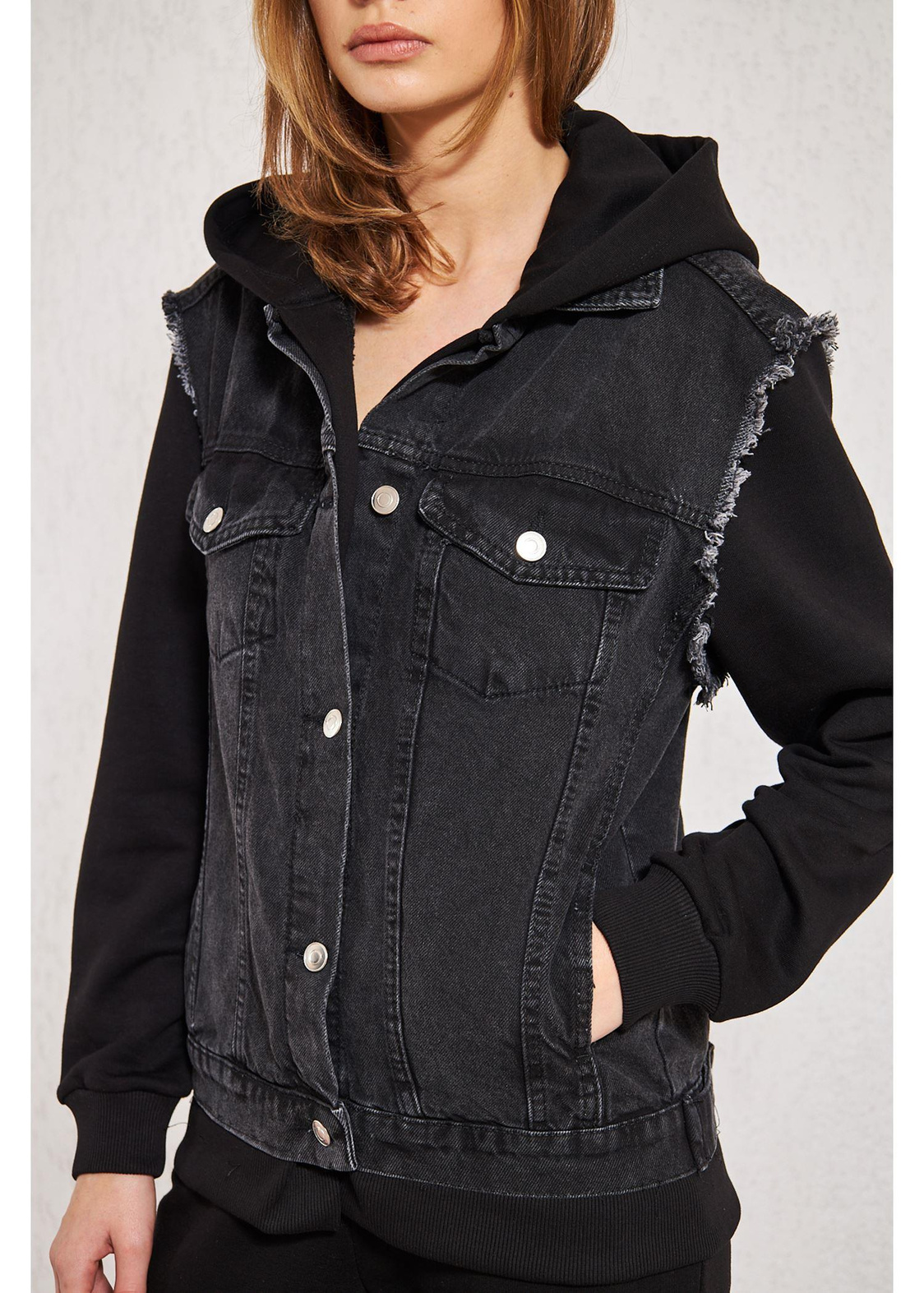 Kapüşonlu Jean Sweat-Siyah