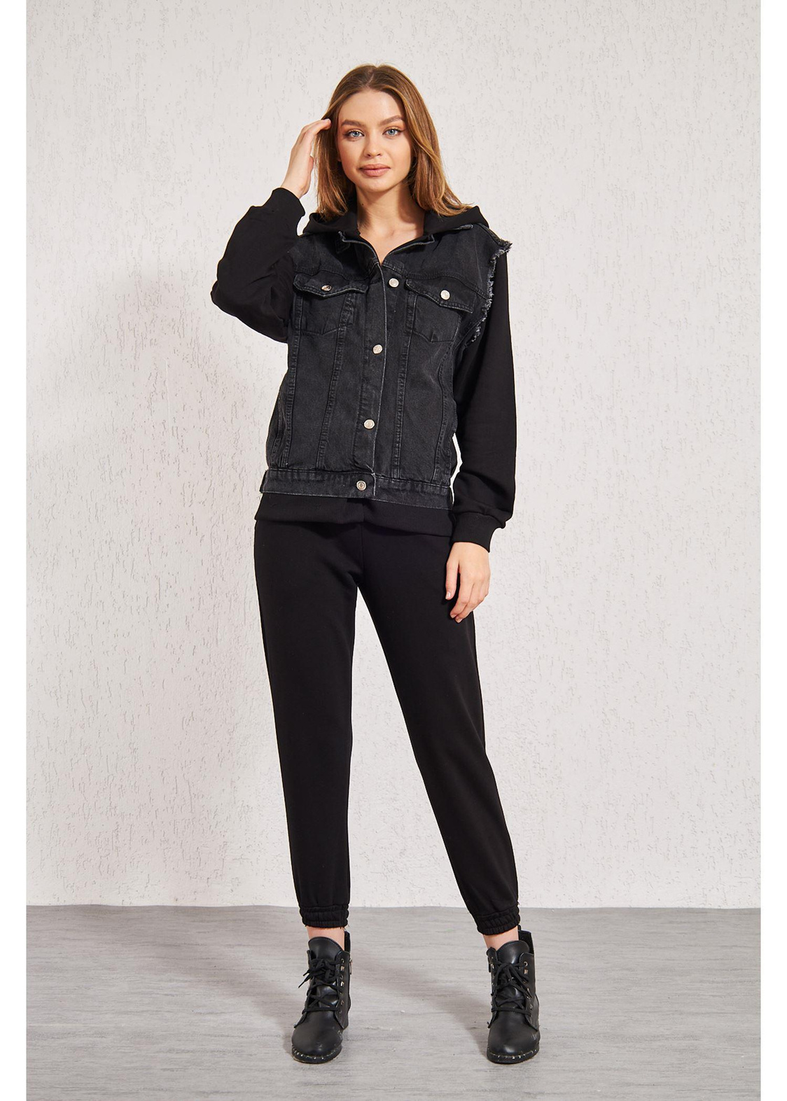 Kapüşonlu Jean Sweat-Siyah