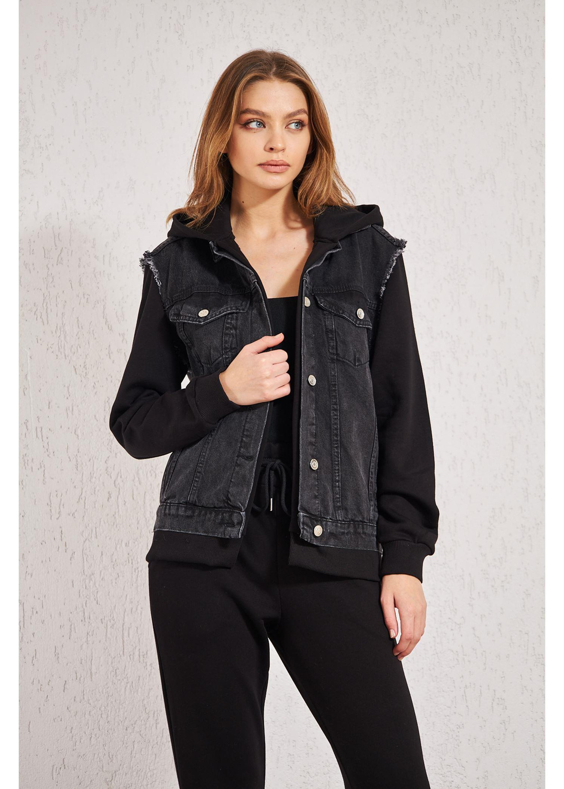 Kapüşonlu Jean Sweat-Siyah