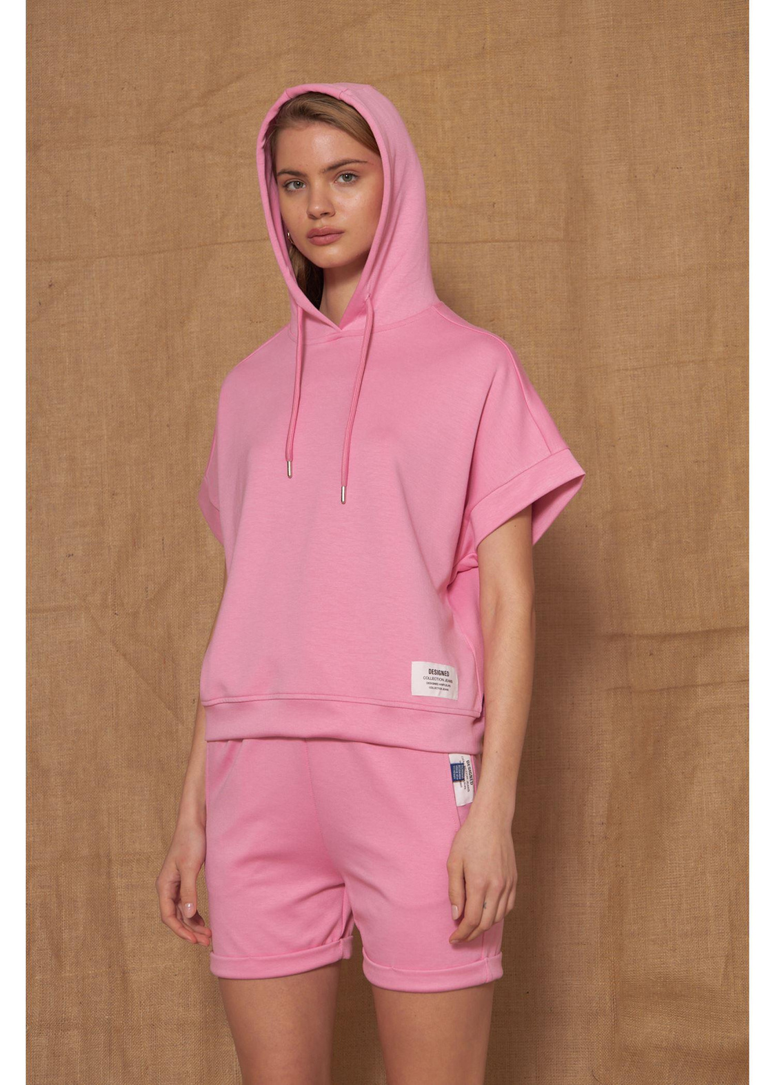 Kapüşonlu Kısa Kol Dalgıç Sweatshirt-Fuşya