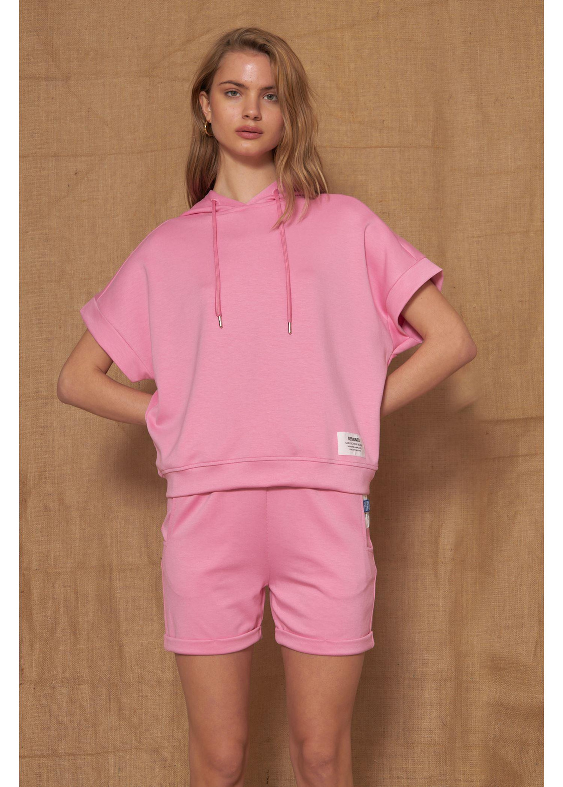 Kapüşonlu Kısa Kol Dalgıç Sweatshirt-Fuşya