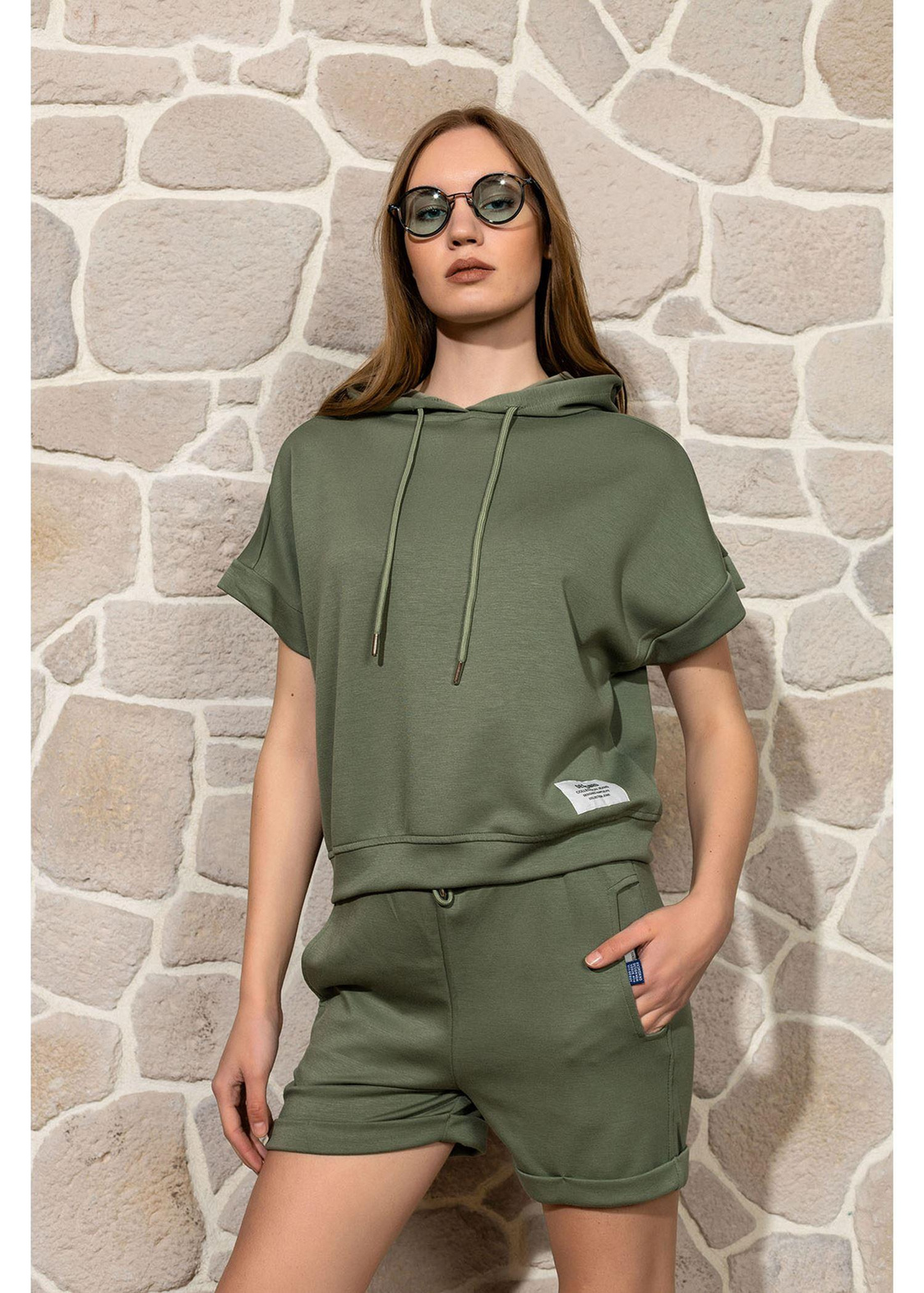 Kapüşonlu Kısa Kol Dalgıç Sweatshirt-Haki
