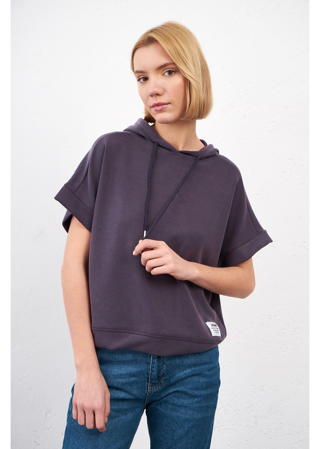 Kapüşonlu Kısa Kol Dalgıç Sweatshirt-Koyu Mor