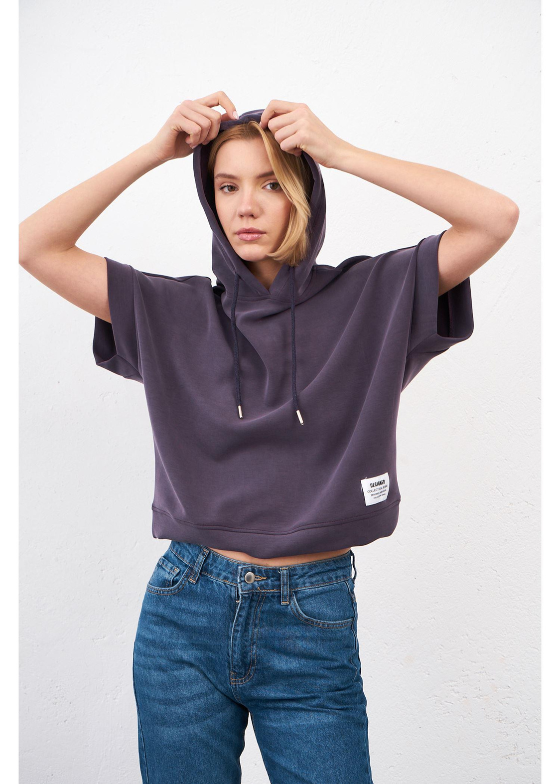 Kapüşonlu Kısa Kol Dalgıç Sweatshirt-Koyu Mor